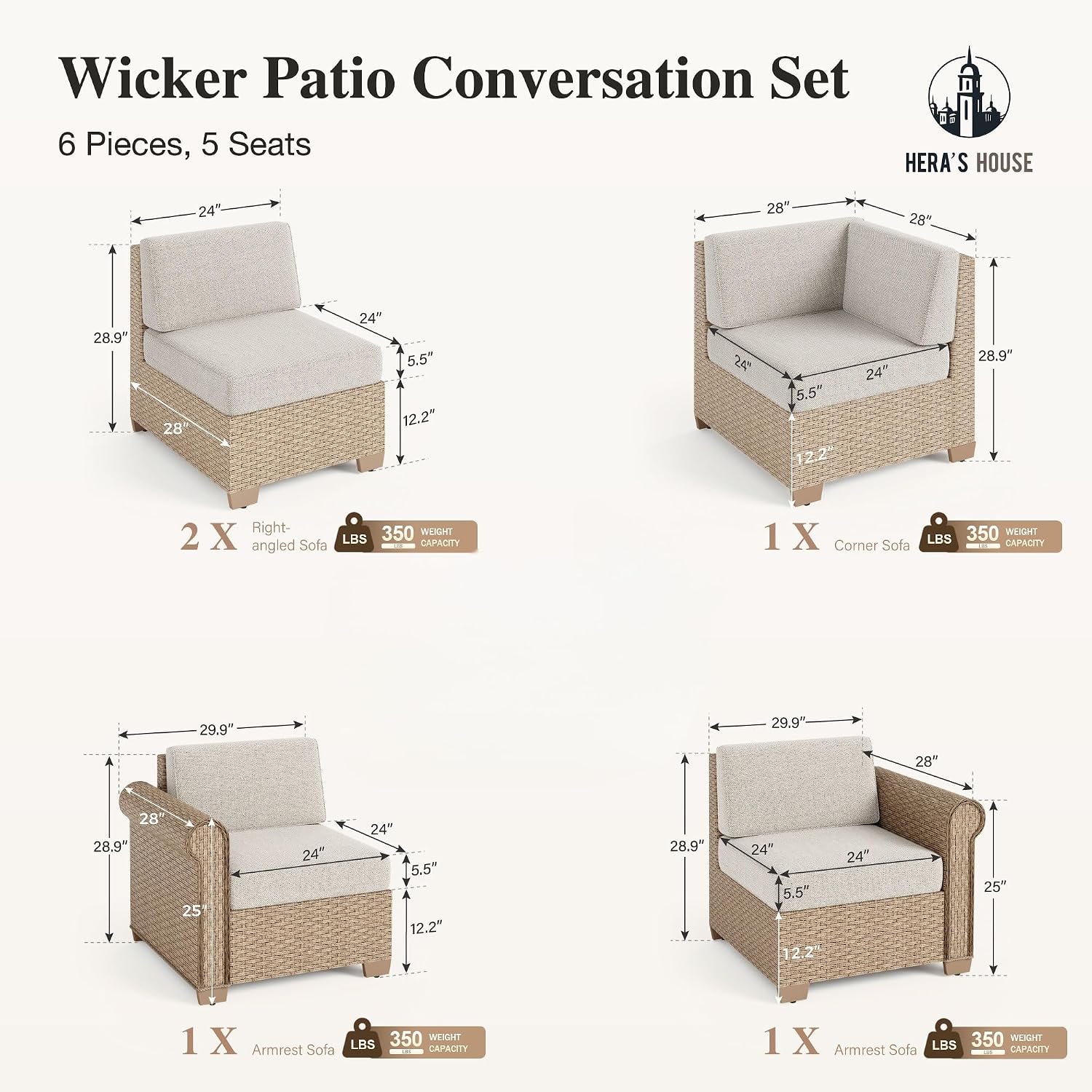 HERA'S HOUSE 7 Piece Patio Furniture Set, Outdoor Sectional Wicker Sofa with Fire Pit Table, 5.5" Thick Waterproof Cushion All Weather 5 Seats Modular Conversation Set for Garden Deck Backyard