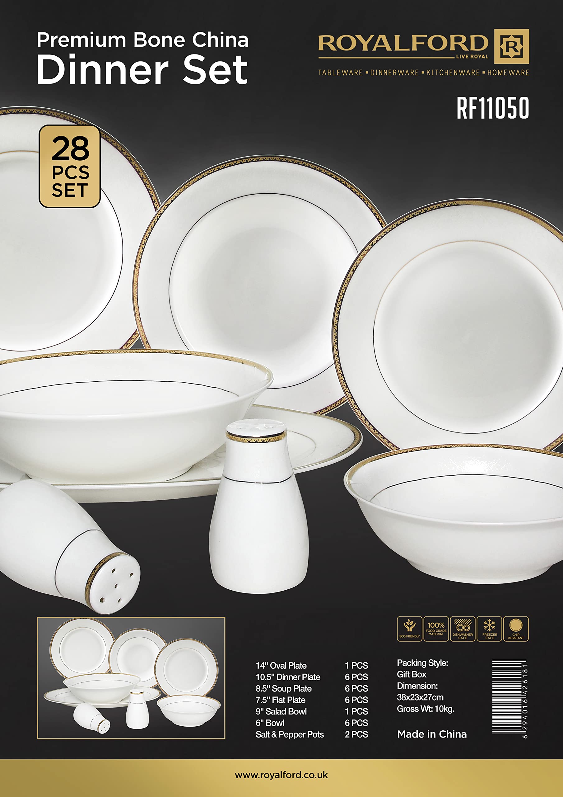  DYNASTY 大皿（BONE CHINA 約27cm） ４枚 RoyalFord Premium Bone China Dinner Set, 28 Pcs Set, White