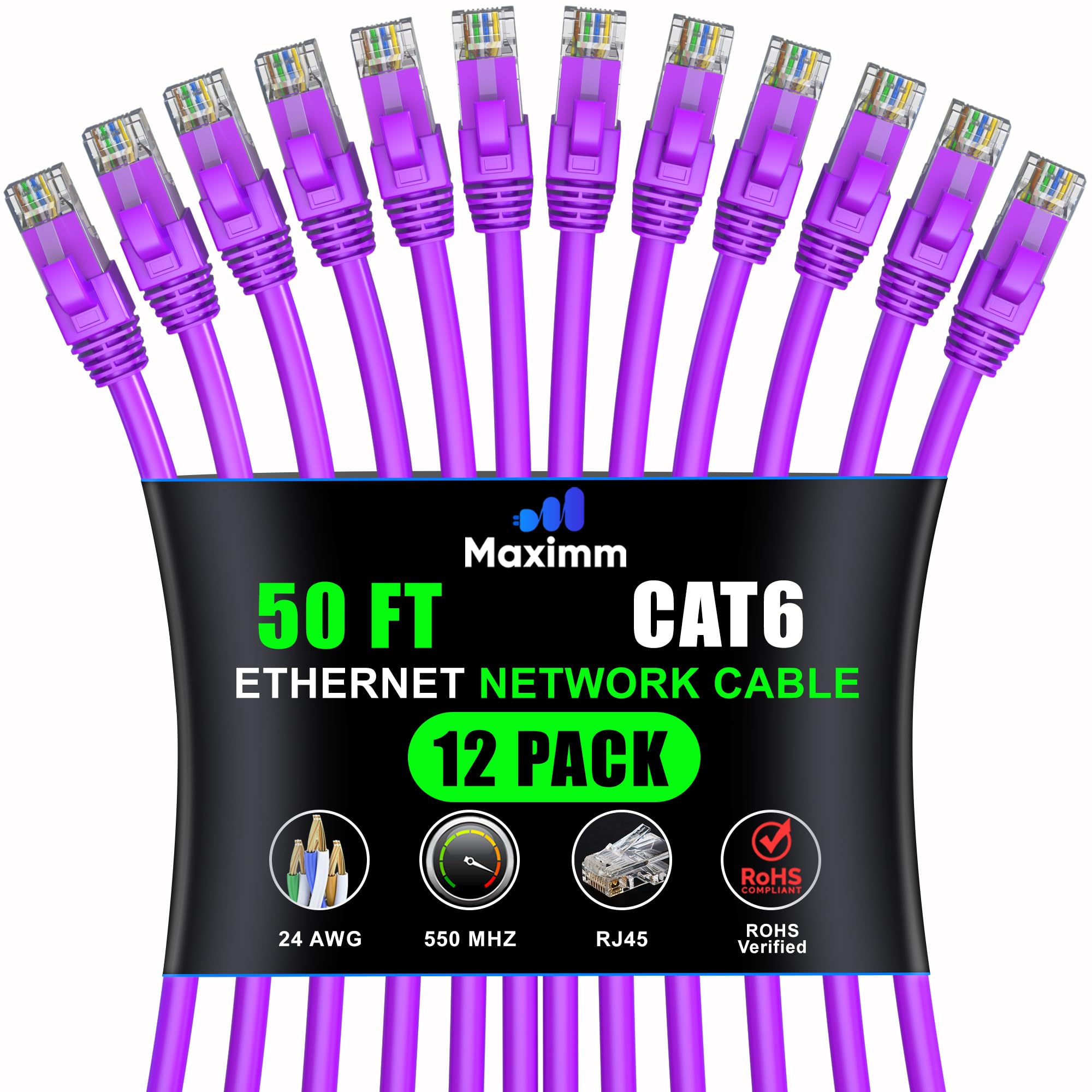Maximm Cat 6 Ethernet Cable - 50 ft (12-Pack), High-Speed LAN, Internet, Patch, and Network Cable - UTP, 10Gbps, 550MHz - Purple