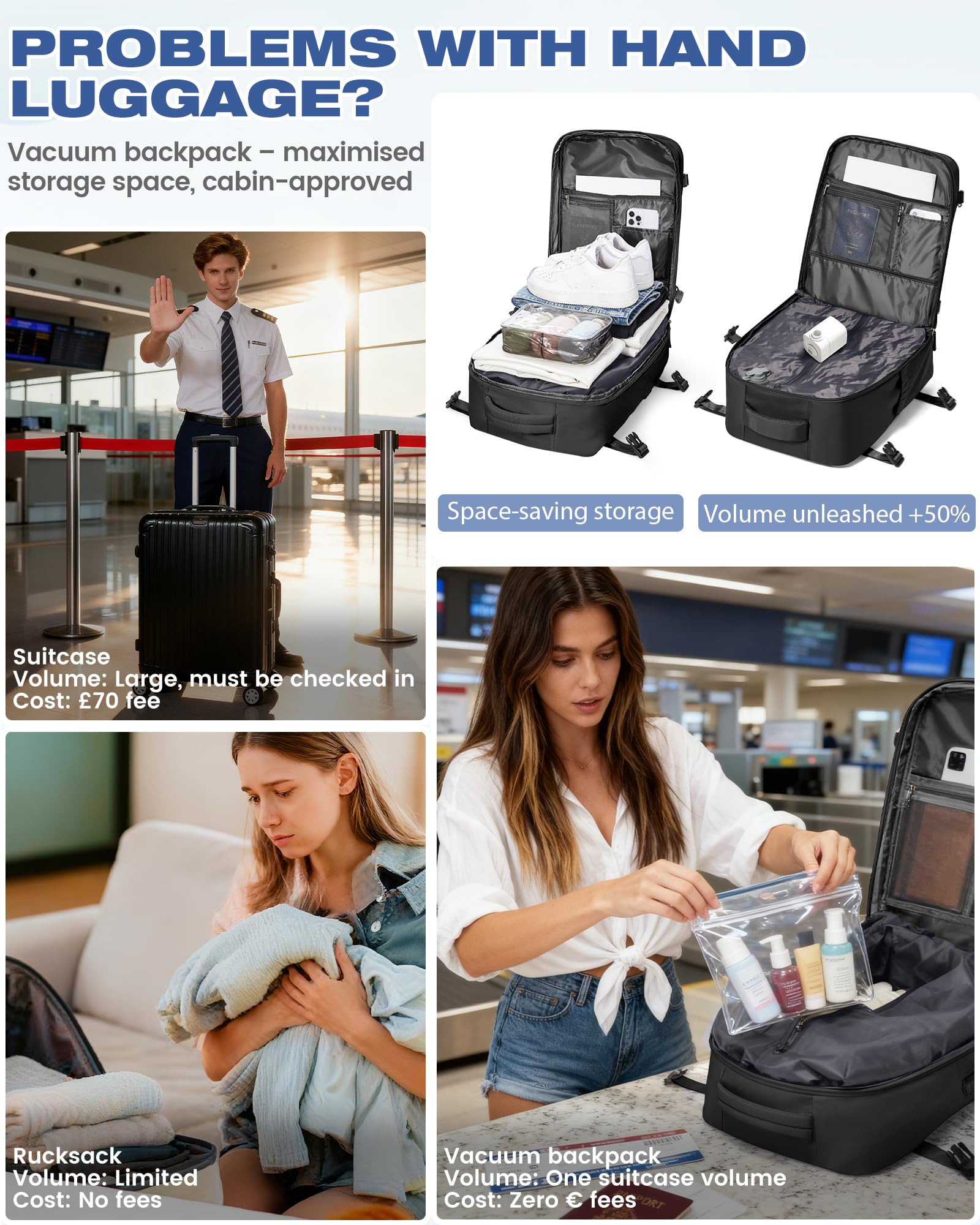 SZLX Zaino Ryanair 40x30x20 Sottovuoto con pompa Zaino Ryanair 40x20x25 Sottovuoto Bagaglio a Mano 40x30x20 Wizzair Zaino da Viaggio 45x36x20 Easyjet Donna Zaino Casual Laptop 14 Pollici Impermeabile