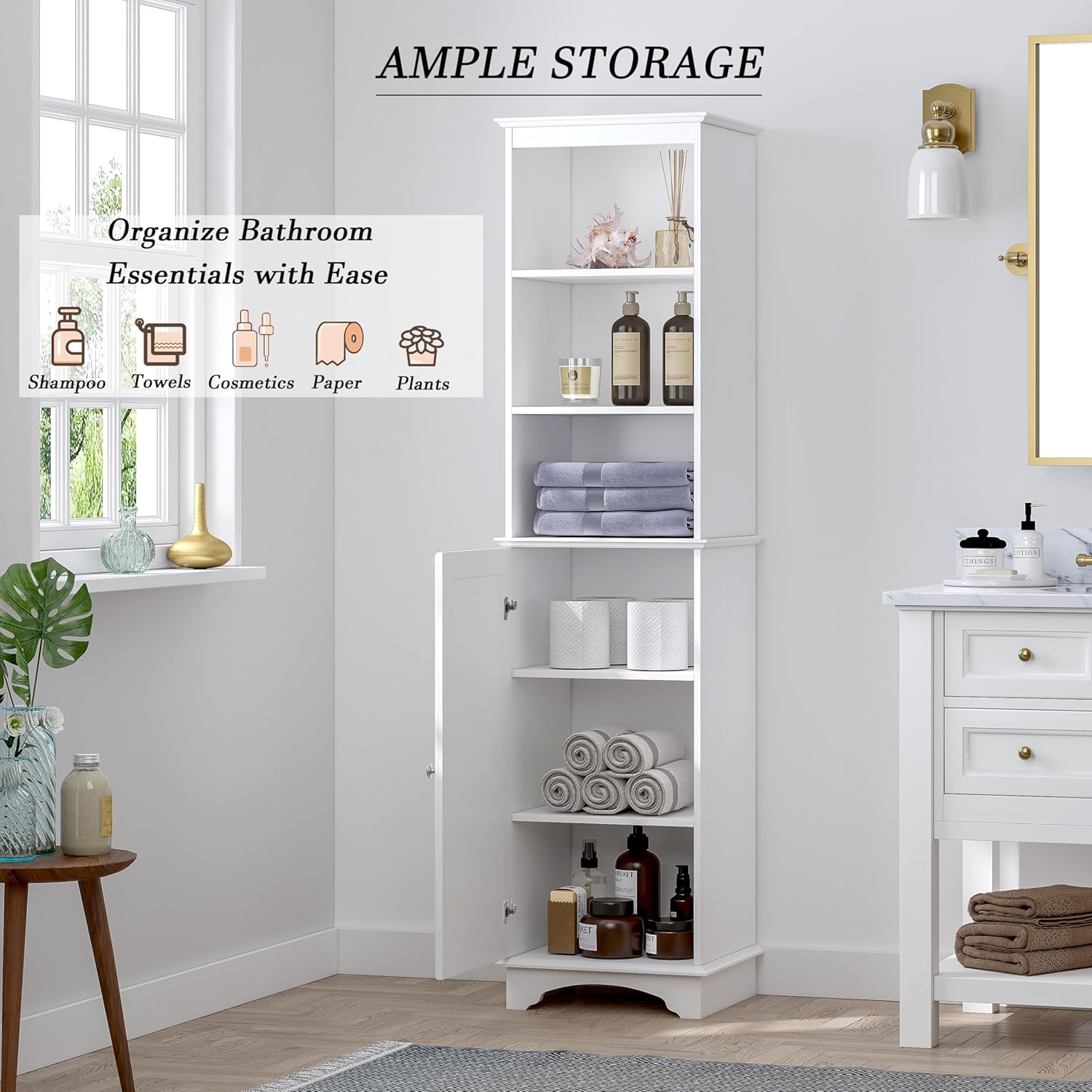 Spirich Home Freestanding Storage Cabinet with Three Tier Shelves, Tall Slim Cabinet, Free Standing Linen Tower, White
