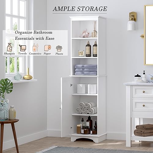 Miniatura 4 de Spirich Home - Armario de almacenamiento independiente con estantes de tres niveles gabinete alto y delgado torre de lino independiente color blanco