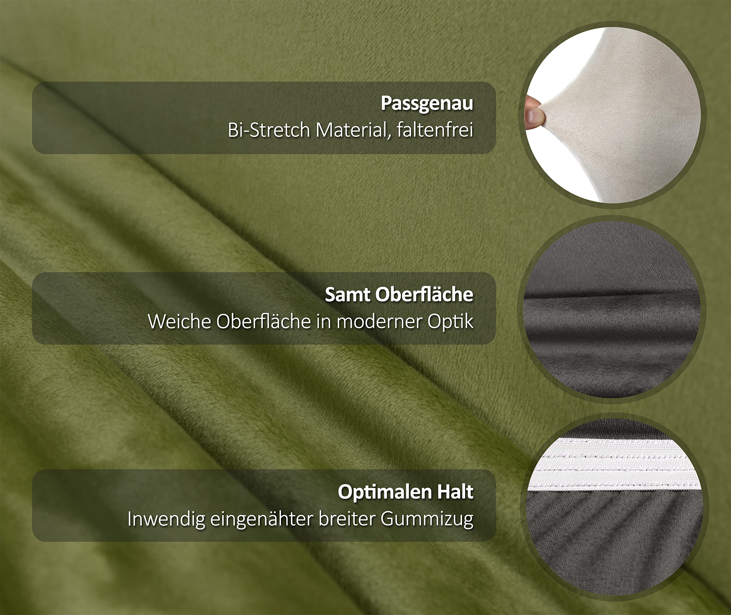 BEAUTEX Stuhlhussen Samt Stretch Stuhl & Schwingstuhl 6er Set Olivgrün LEA | 95% Polyester, 5% Elasthan, weiche Velours-Oberfläche, Rundum-Gummizug, 30 °C waschbar, faltenarm, formstabil & langlebig