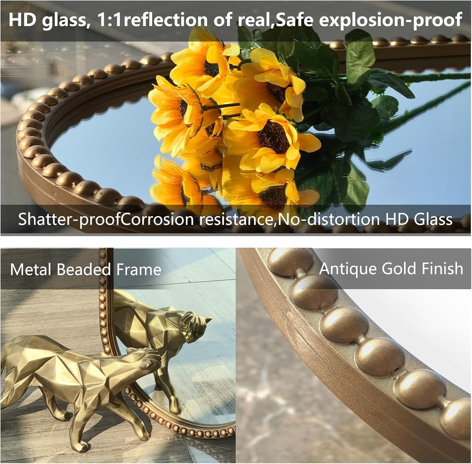 Antique Gold Full Length Mirror Oval Full Body Wall Mirror Baroque Beaded Mirrors Gold Metal Framed Decorative Wall Mirror for Bedroom Entryway 47"X16" - Image 4