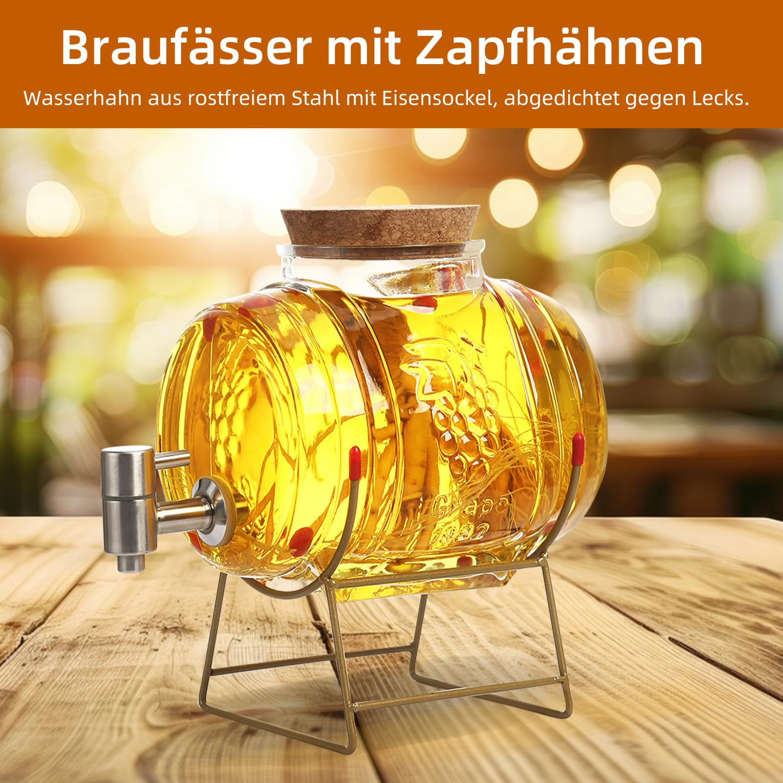 Dispenser di bevande in vetro con rubinetto in acciaio inox, con supporto in metallo e coperchio per bevande calde o fredde, distributore di birra, distributore di bevande per acqua, succhi di