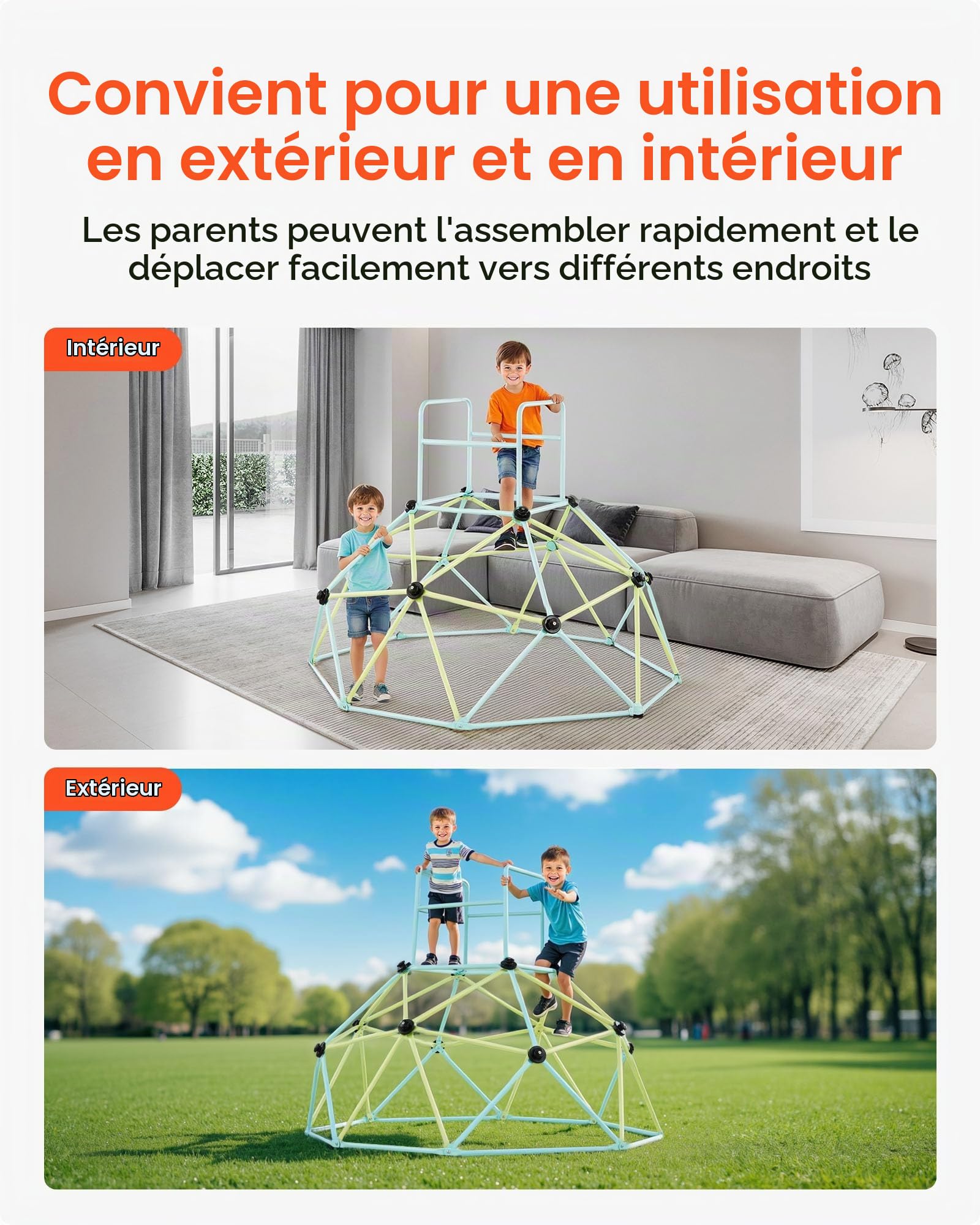 VEVOR Dôme d'escalade Géométrique 183 cm, Cage à Grimper avec Grande Capacité de Charge de 270 kg, Cage à Écureuil Solide, Aire de Jeux Extérieur et Intérieur, pour Garçons et Filles 3-10 Ans