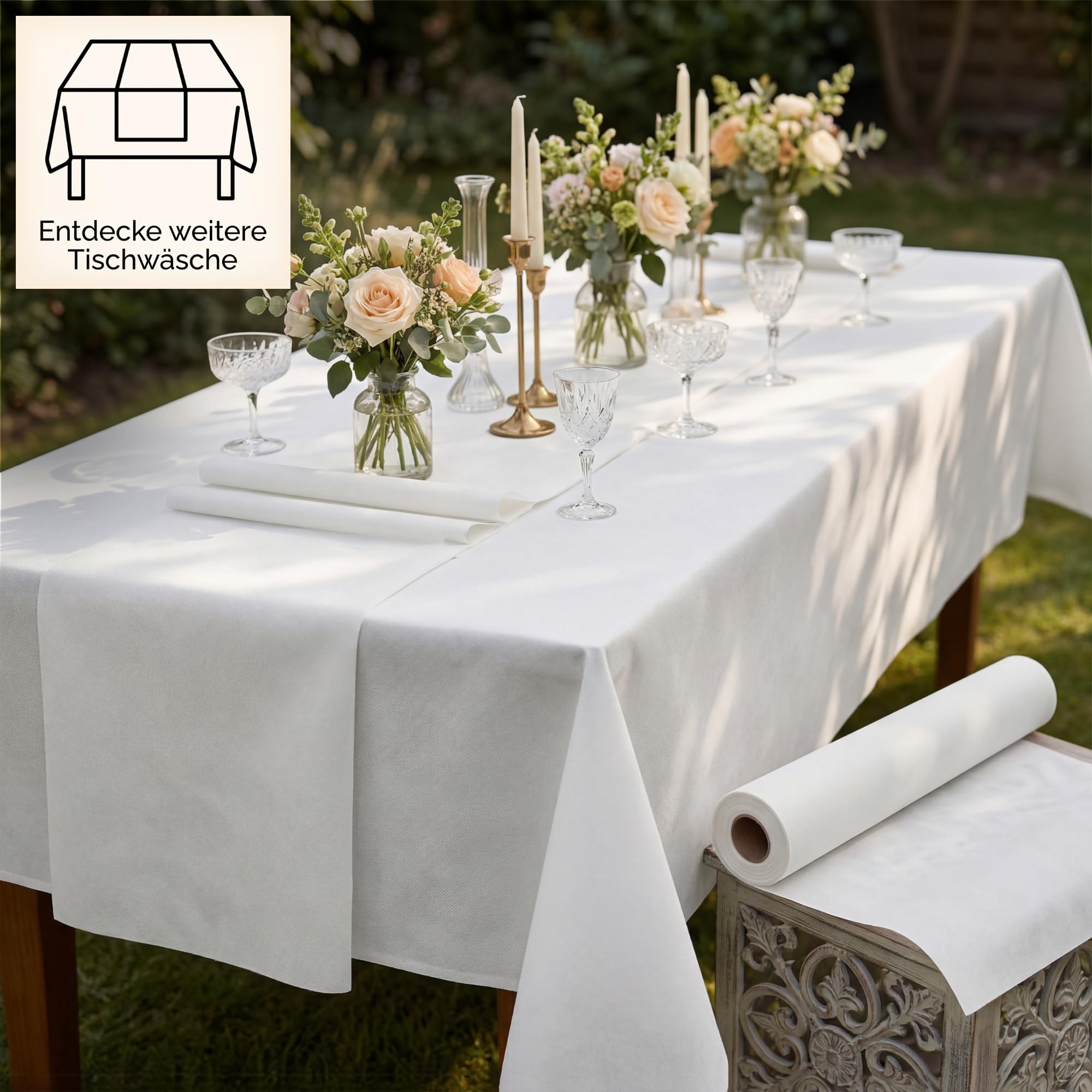 Sensalux Vlies Tischdeckenrolle 2er Set 1,18 x 25 m Weiß, 80 g/m² | abwaschbar, wasserabweisend, stoffähnliche Tischdecke Rolle, OEKO-TEX, Party, Catering, Gastro