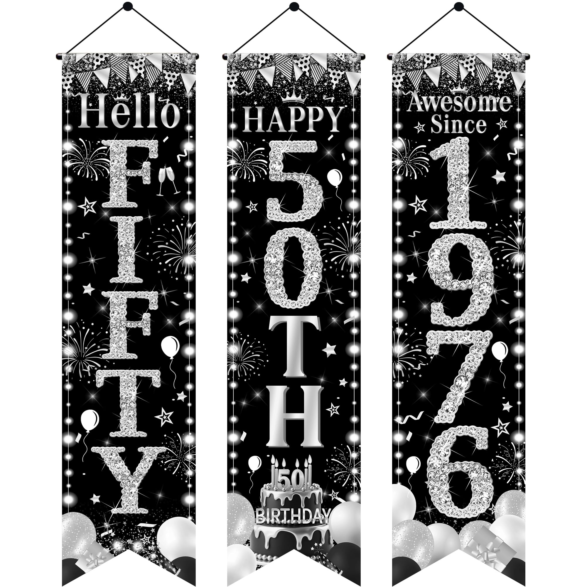 50th Birthday Door Banner Decorations - Black Silver Hello Fifty Porch Signs 3.9x0.9ft, 3Pcs Cheers to 50 Years Awesome Since 1976 Hanging Banners for 50th Birthday Party Decor