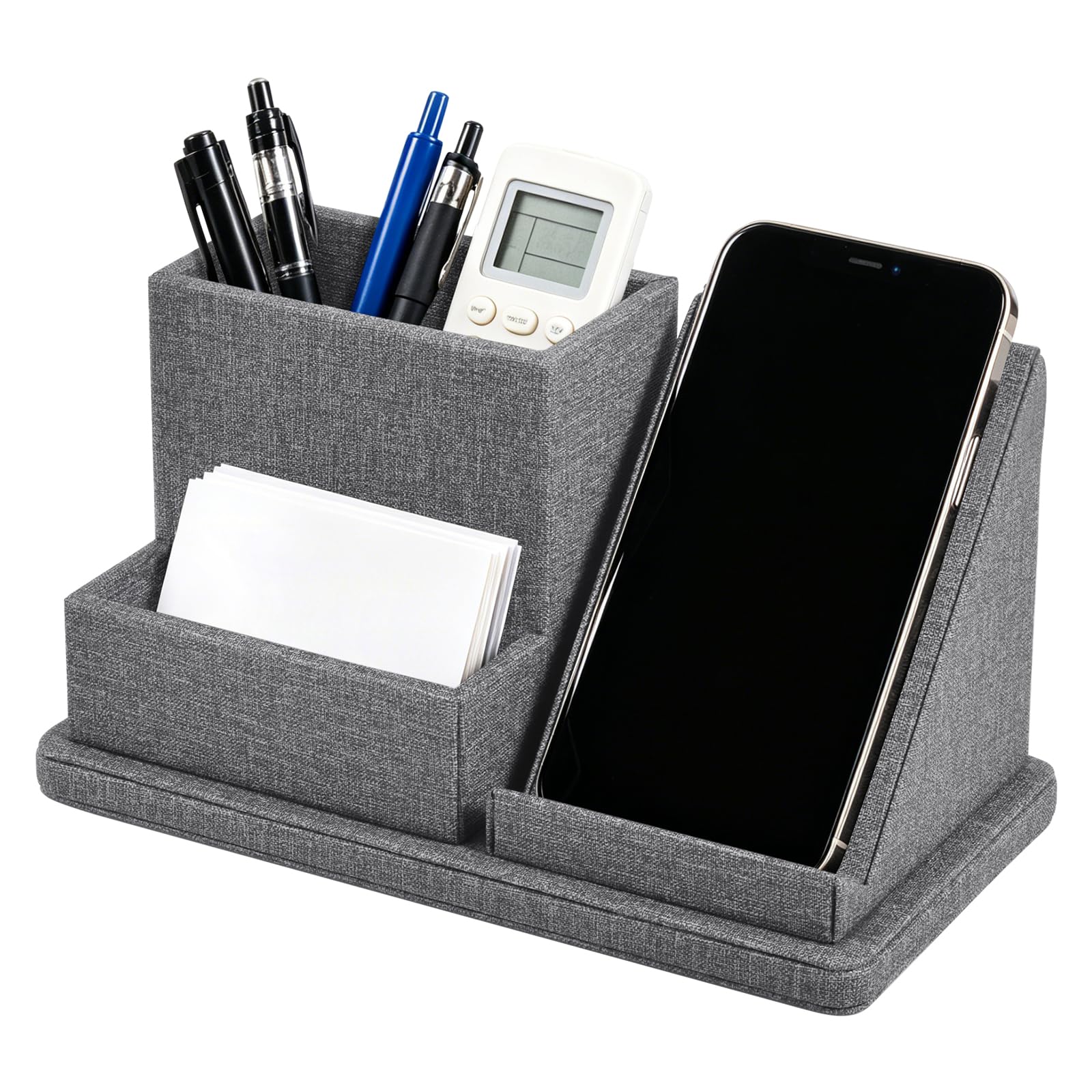 XNONE PU Leather Desk Organiser,Cell Phone Organizer,Office Desk Tidy Pen Holder for Cosmetic Brushes/Stationery/Remote Control/Business Card Holder,Desktop Multifunctional Decor Storage Box,Grey