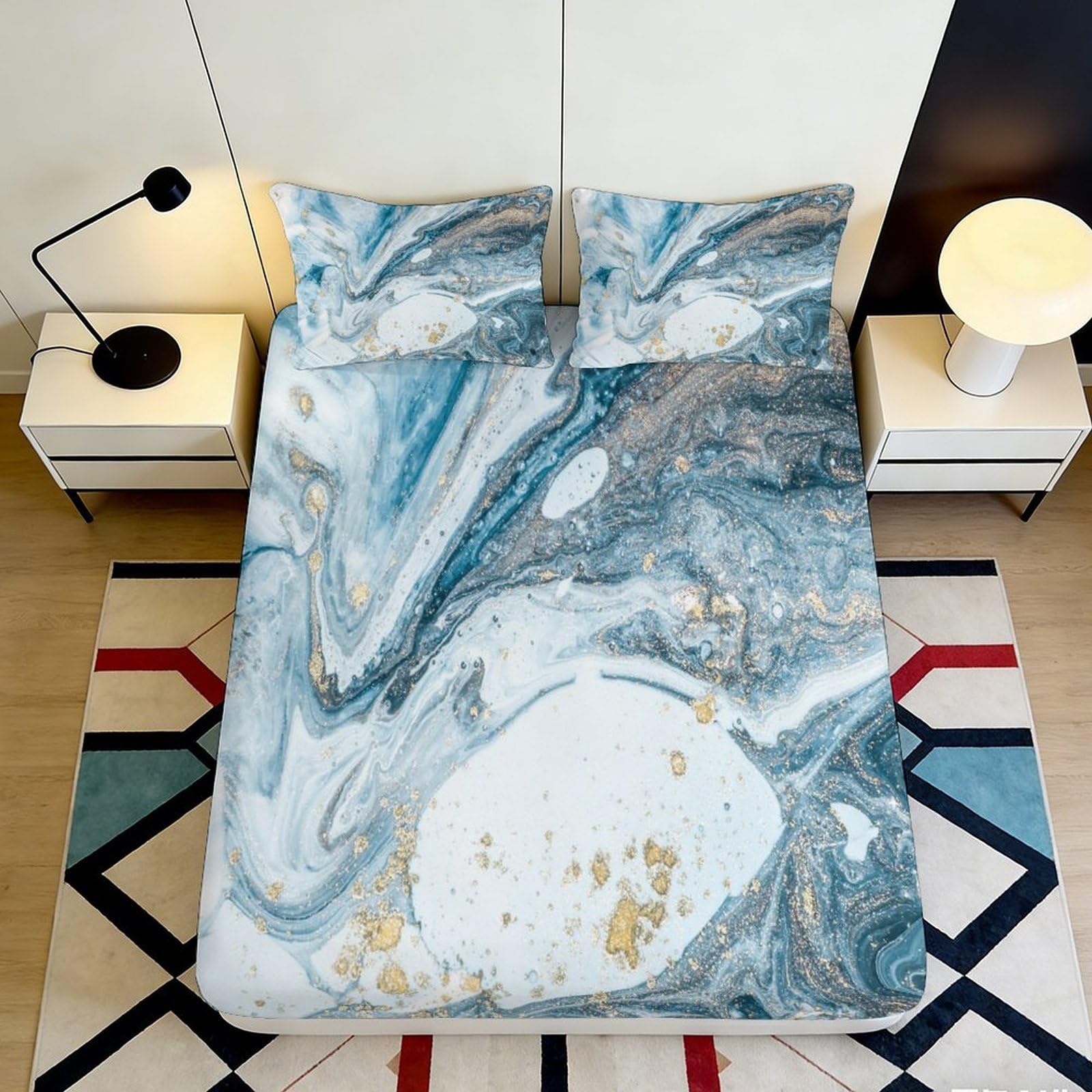 3D Printed Marble Blue Fitted Sheet Microfiber Soft Breathable Abstract Gold Bed Cover for Bedroom Guest Room Décor 90x200x25cm