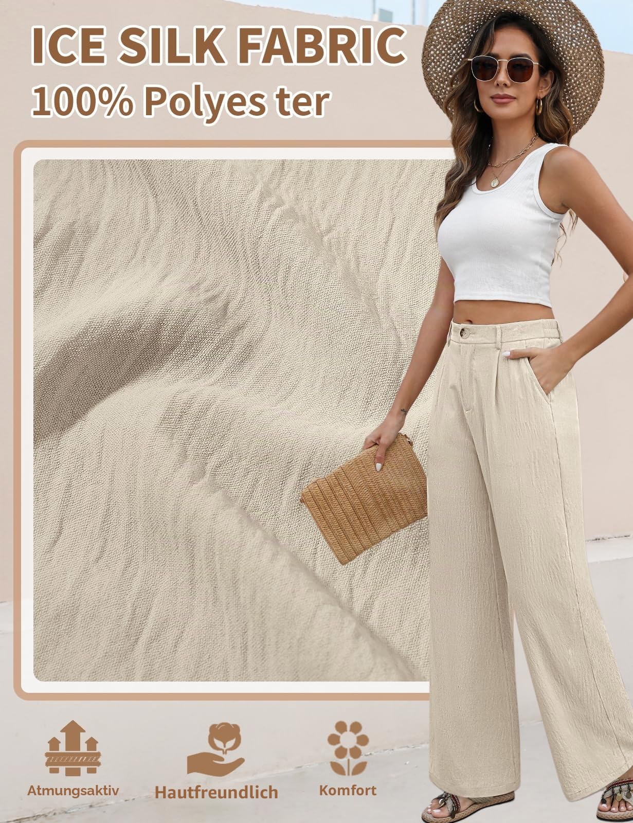 Hose Damen Sommer Weites Bein Freizeithose Hight Waist Geradem Sommerhose Leichte Bequeme Lässige Anzughose Hosen Lang mit Taschen, Knopfleiste