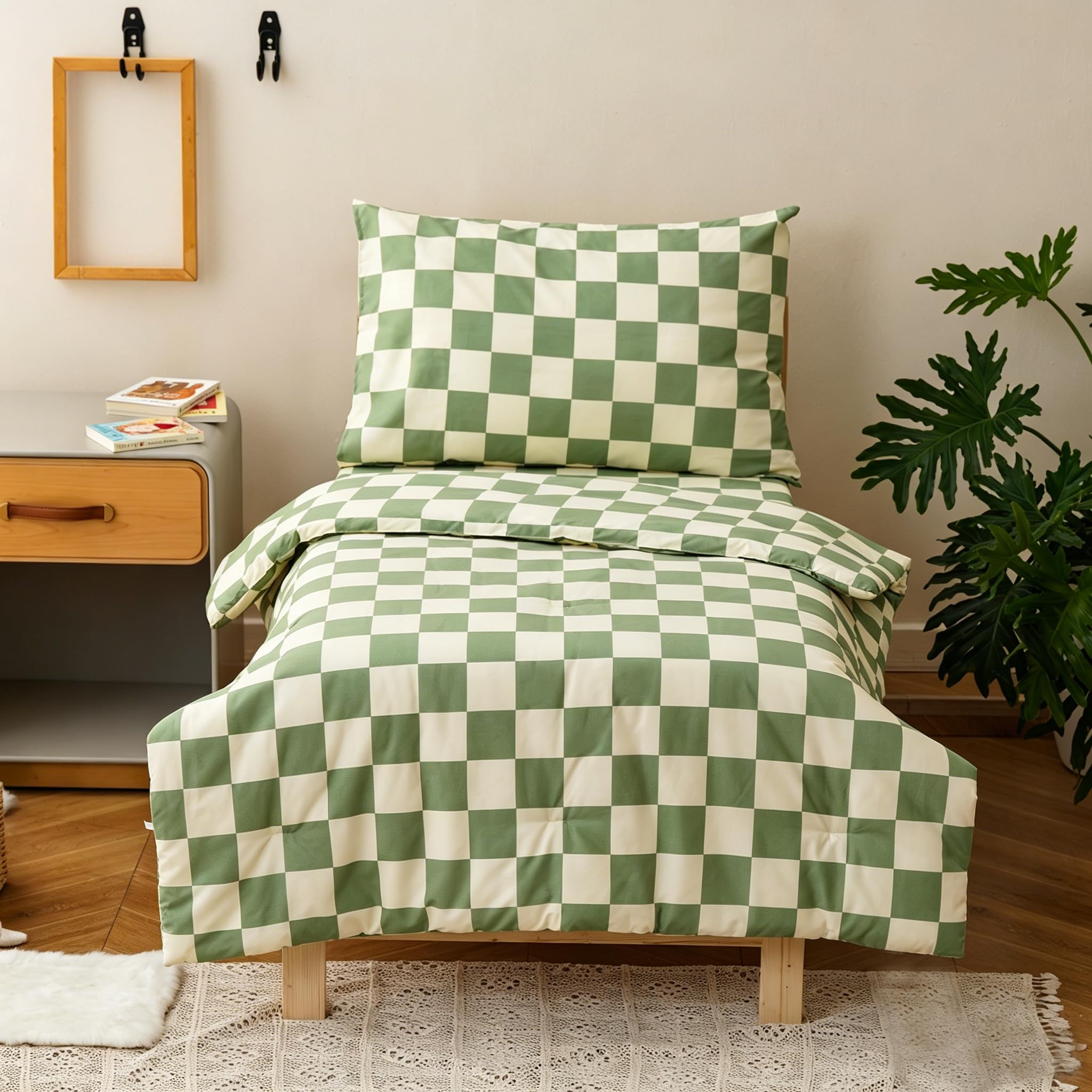 KAREVER Grid Toddler Bedding Set Green White Checkered 4 Pieces Crib Bed Set Kids Pliad Comforter Set