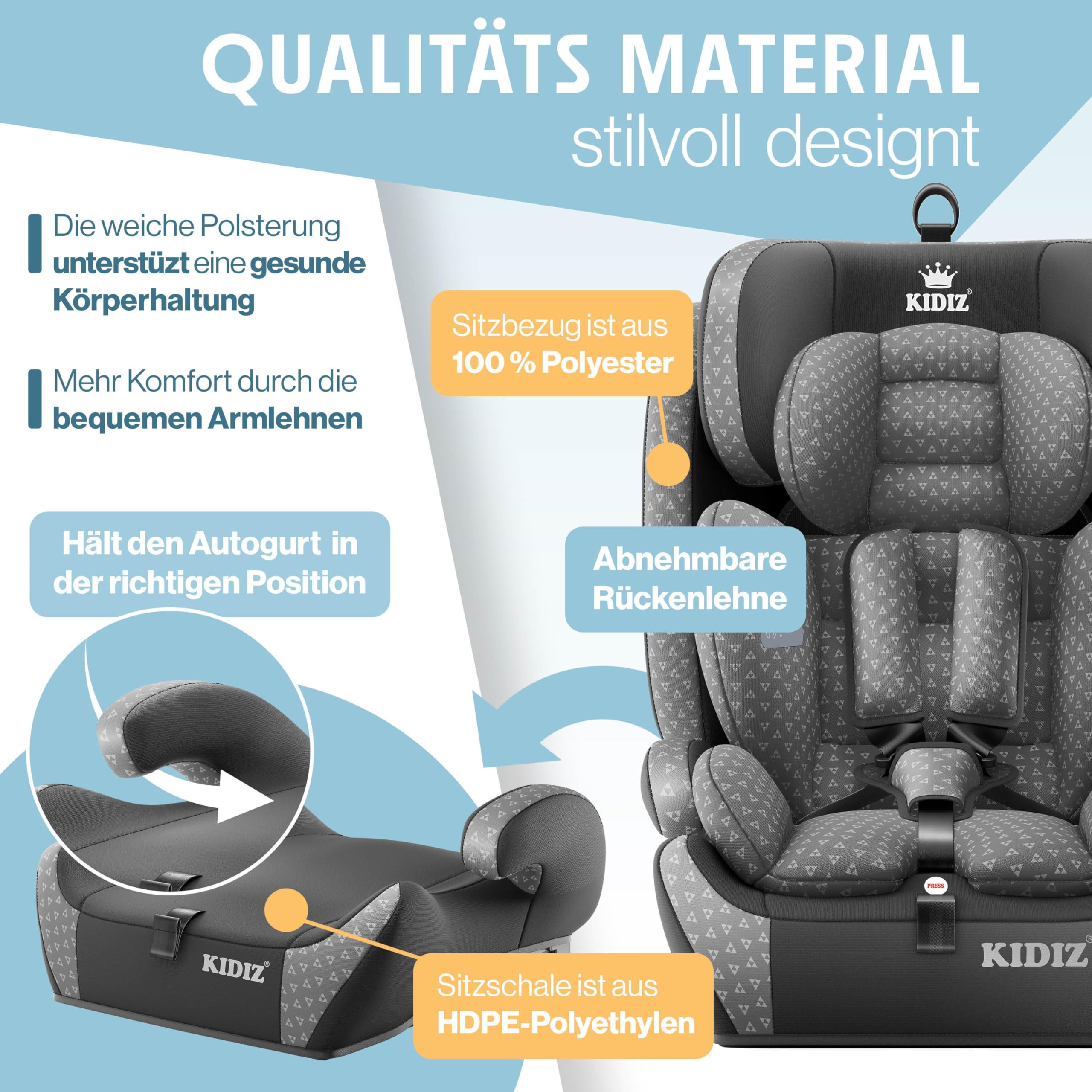 KIDIZ Autokindersitz mit Isofix i-Size R129 100-150cm Gruppe 1/2/3 5-Punkt-Gurt höhenverstellbare Kopfstütze Grau