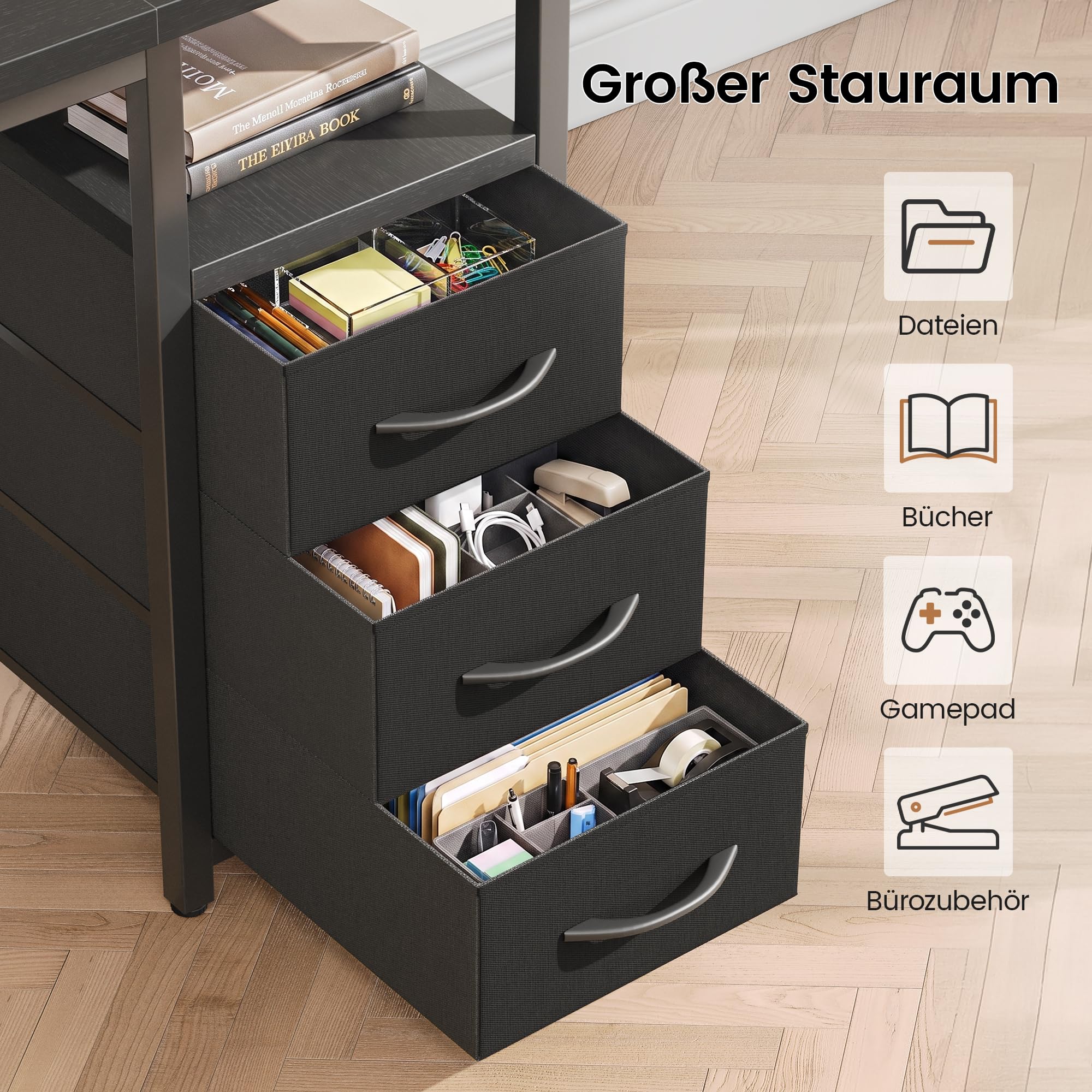 YOUDENOVA Schreibtisch mit 4 Schubladen, Computertisch 140cm mit Steckdosen und USB A/C, CPU-Ständer, Ablagefach, Stabiler Bürotisch PC Tisch Officetisch Für Büro Wohnzimmer Home Gaming Schwarz