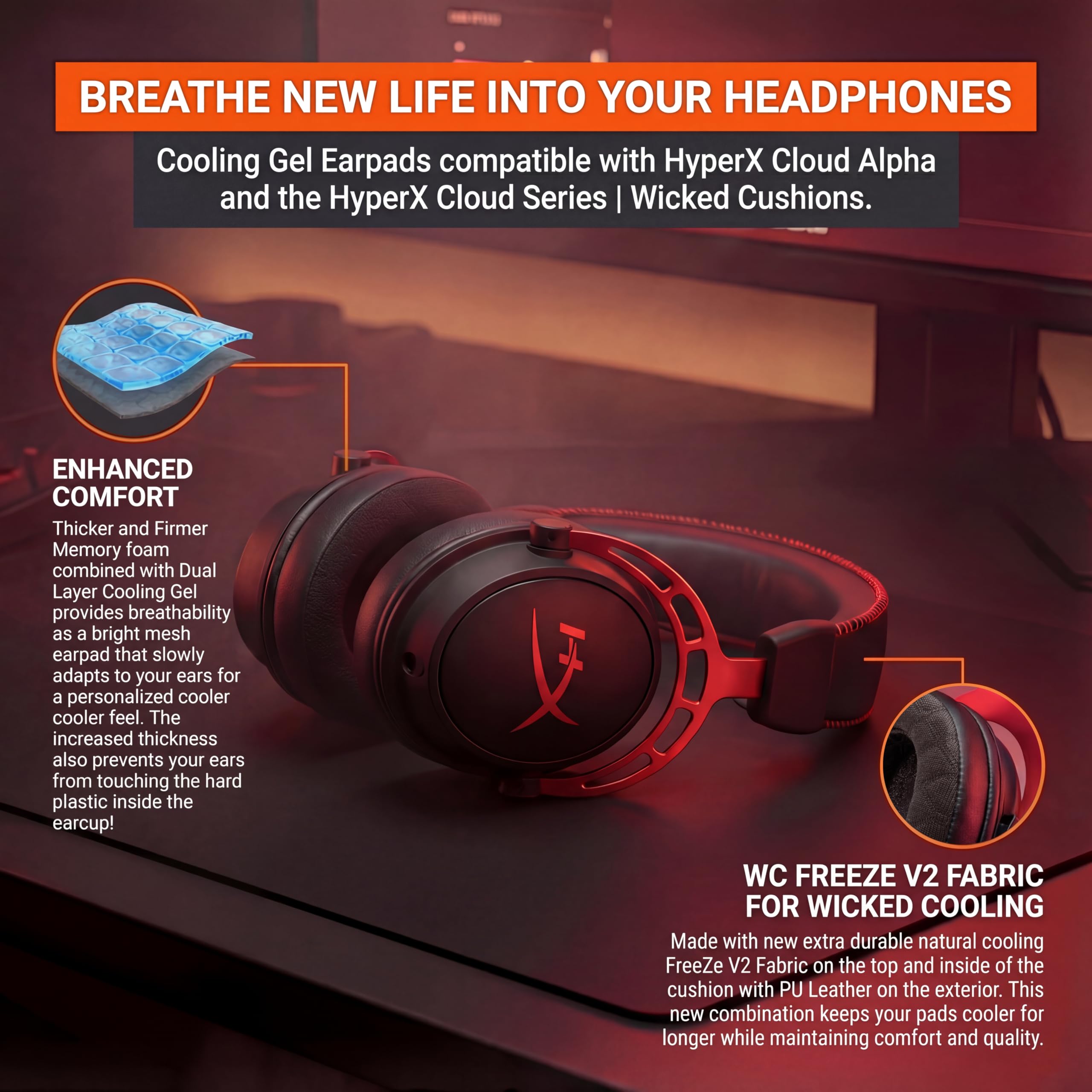 WC FreeZe V2 Cloud – kątowe chłodzące nauszniki żelowe kompatybilne z serią HyperX Cloud firmy Wicked Cushions | Nowy materiał chłodzący FreeZe V2, wyjątkowo gruby | Black
