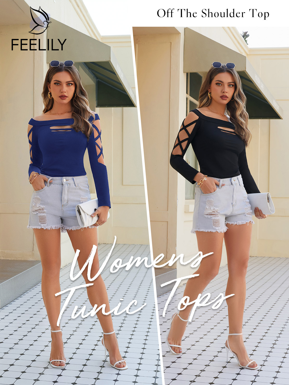Feelily Womens Sexy Cut Out Tops Off The Shoulder Long Sleeve