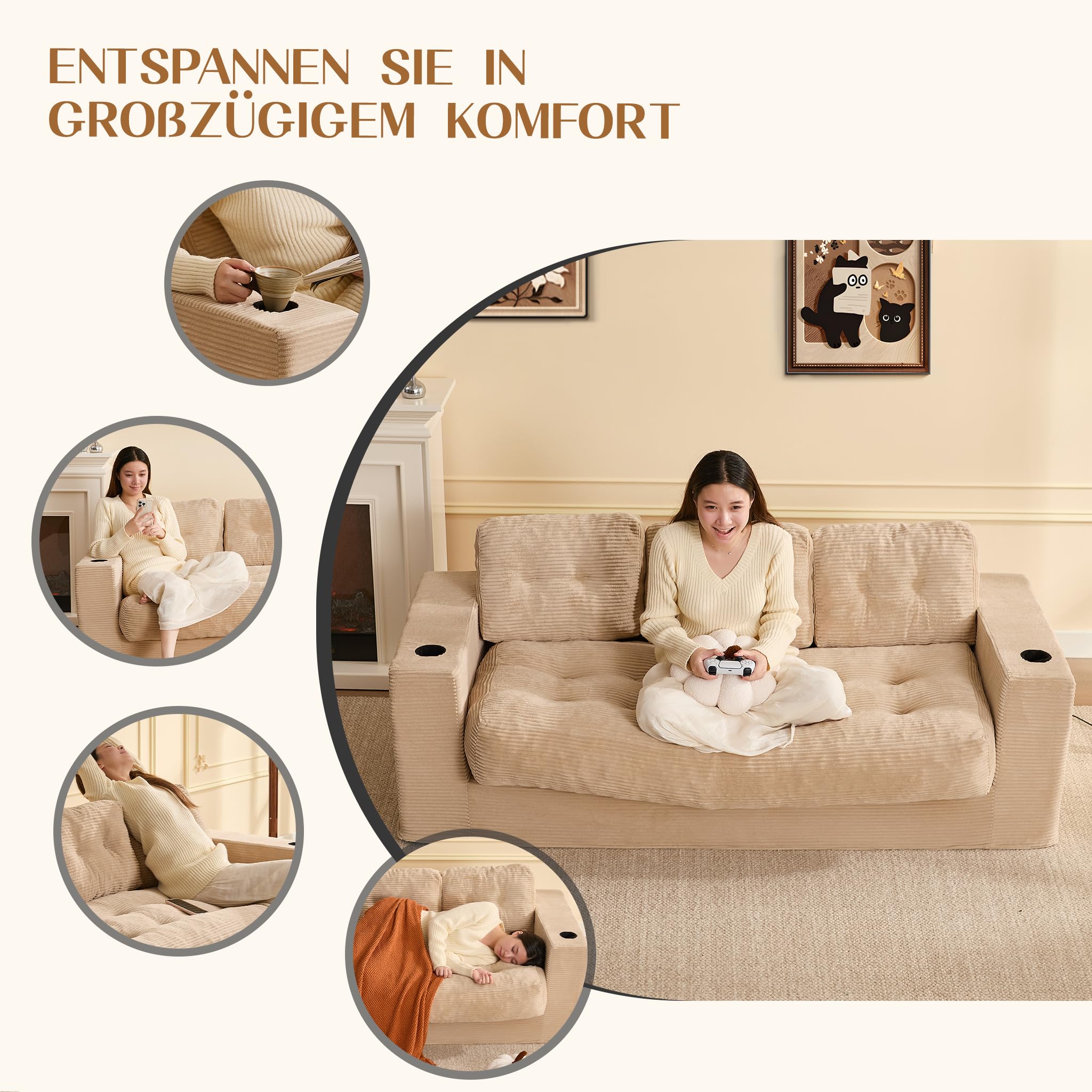 Bodensofa 3-Sitzer 190 cm, Cord Sofa ohne Gestell mit Kissen, 2 Getränkehaltern & breiten Armlehnen, Lounge Sofa für Wohnzimmer, kleine Wohnungen & Studenten, kein Aufbau erforderlich (Hellbraun)