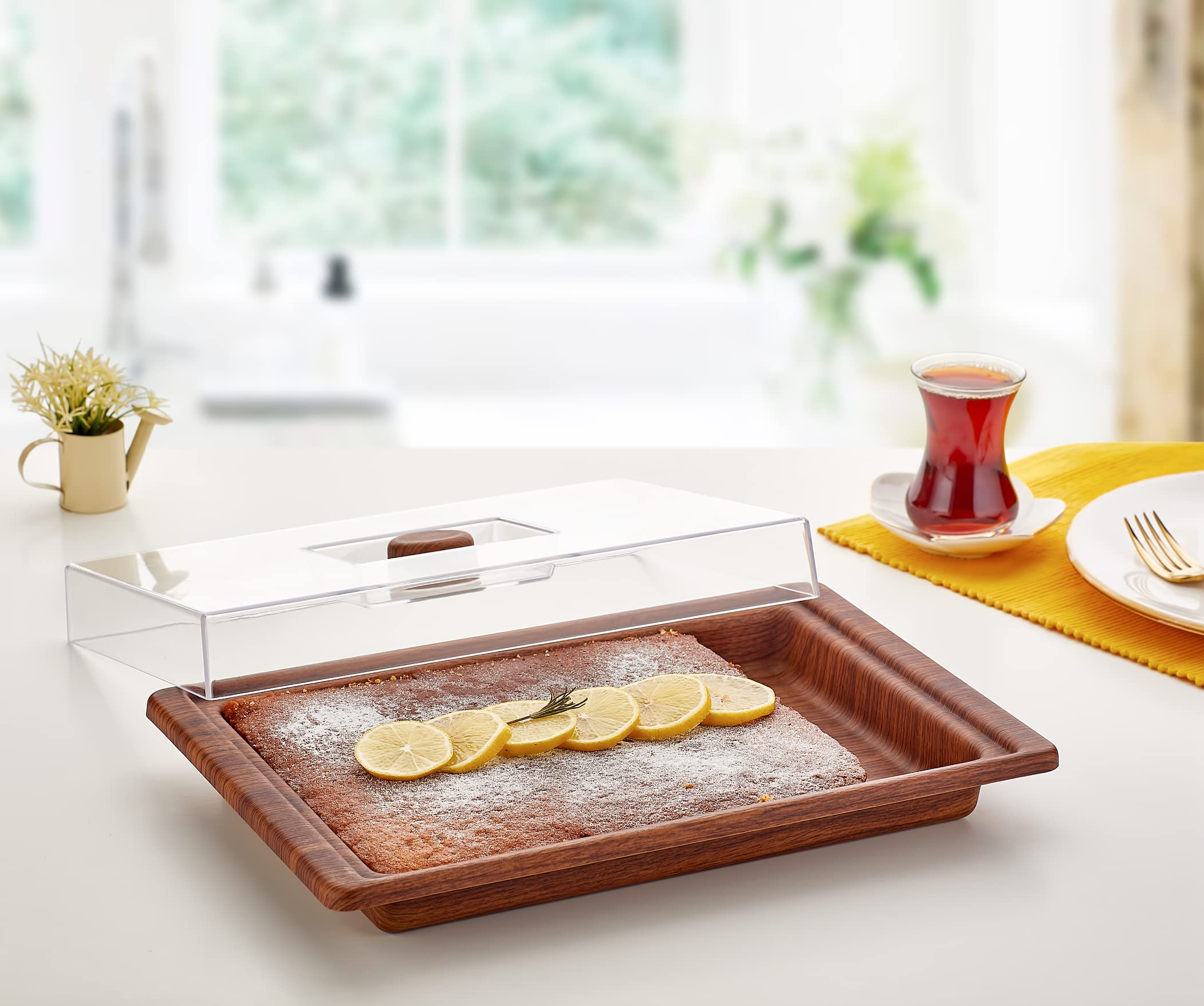 Orchid EVELIN Rectangle Bread & Cake Serving Box Storage Container with Lid, Cupcake Serving Platter Tray with Lid, Dessert Stand Acrylic Cheese Cloche Dome with Wooden Base for Home Kitchen
