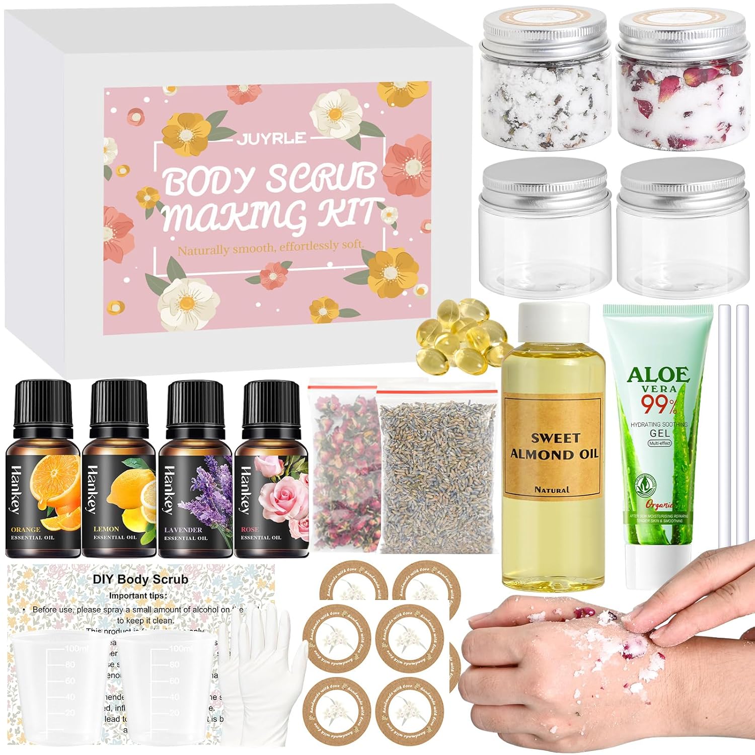 Body Scrub Making Kit- Make Your Own Salt Body Scrub with Almond Oil, Essential Oils, Moisturizing and Exfoliating Dry Skin Hand Foot DIY Organic Body Scrubs Christmas Gifts For Women & Men