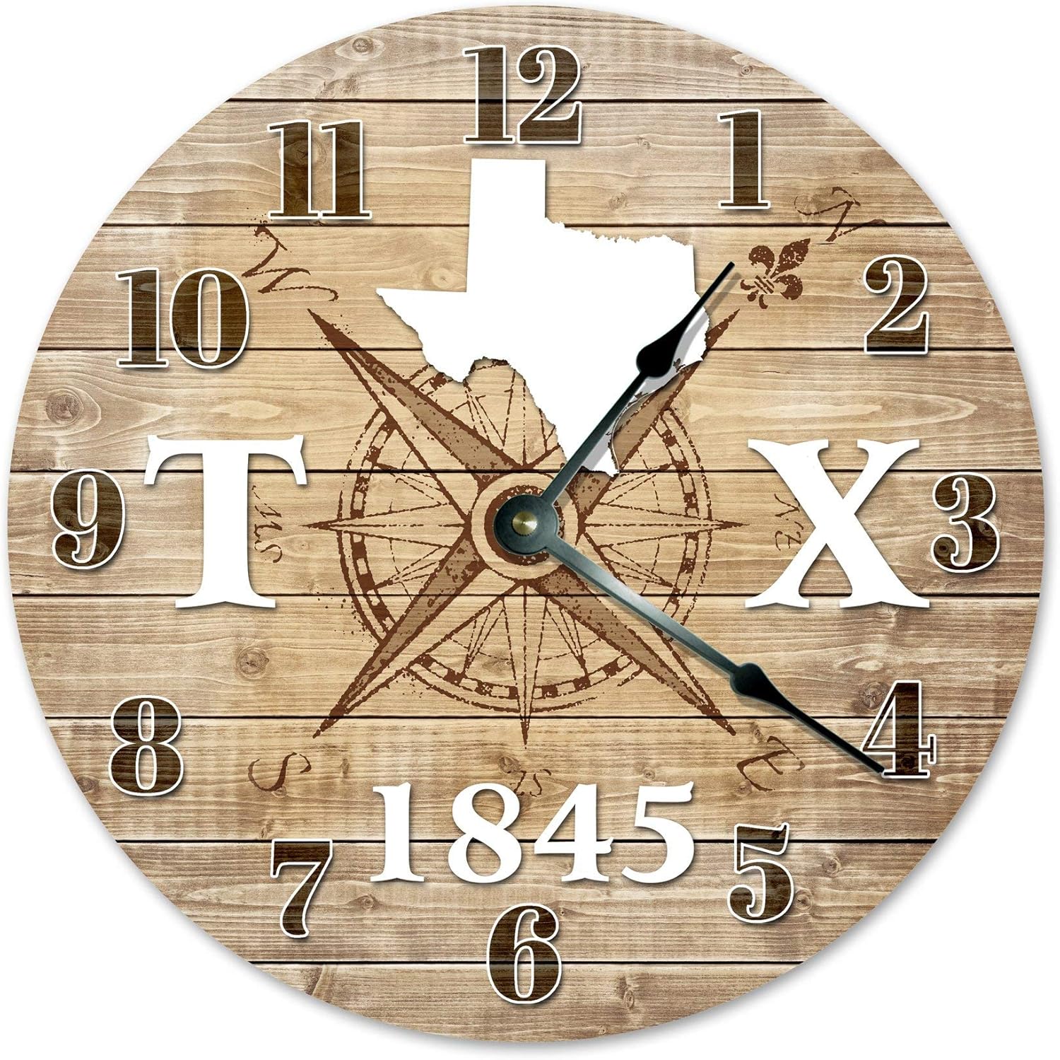 Texas Established Silent Non Ticking Round Battery Operated Handmade Hanging Large 10 Inch Wall Clock for Bedroom Office Cottage Decoration