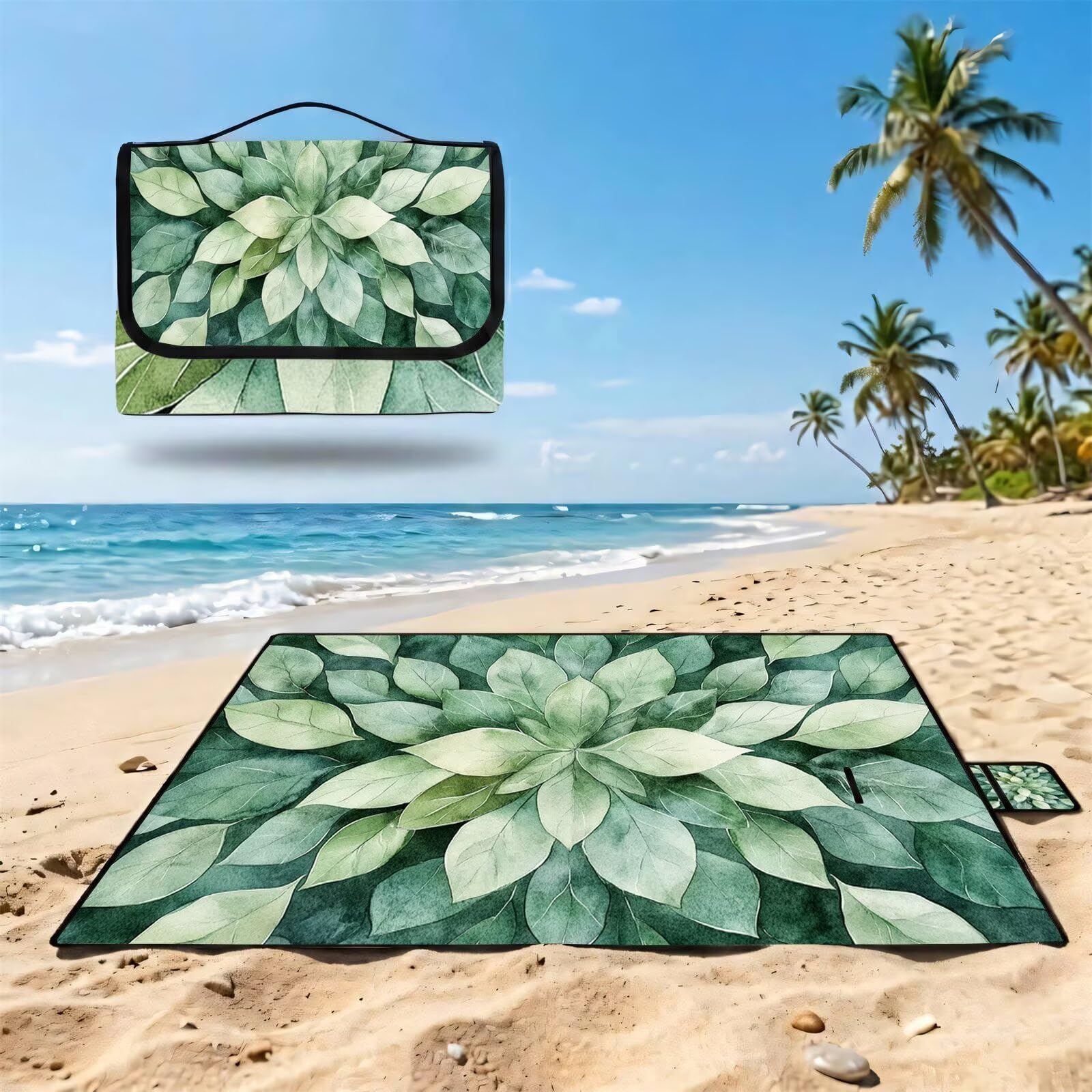 Couverture Pique Nique Grande 200x300cm,Outdoor Couverture Imperméable,Pliable Tapis de Plage Dos en PVC,Picnic Blanket pour Camping Accessoires,Jardin,Parc - Couleur œuf de Canard,Feuilles UZ-665