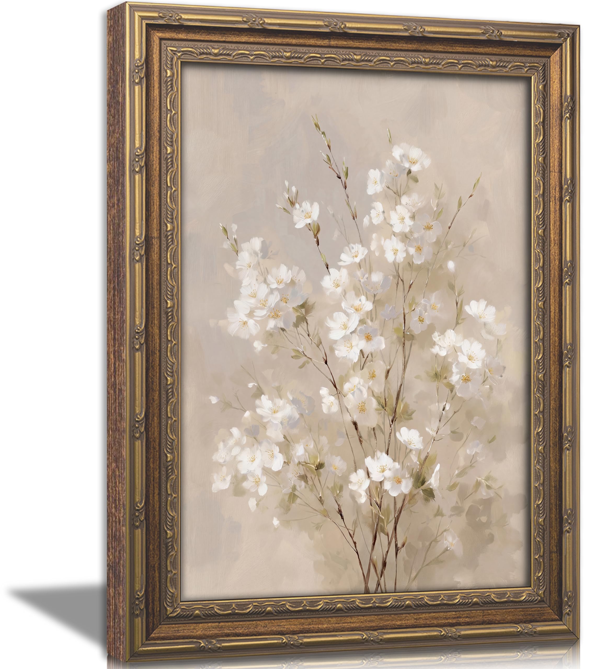 Vintage Gold Framed Floral Canvas Wall Art, Soft White Blossom Botanical Oil Painting Print, Retro Neutral Floral Wall Decor, Rustic Farmhouse Poster Artwork for Living Room Bedroom Bathroom, 12x16in