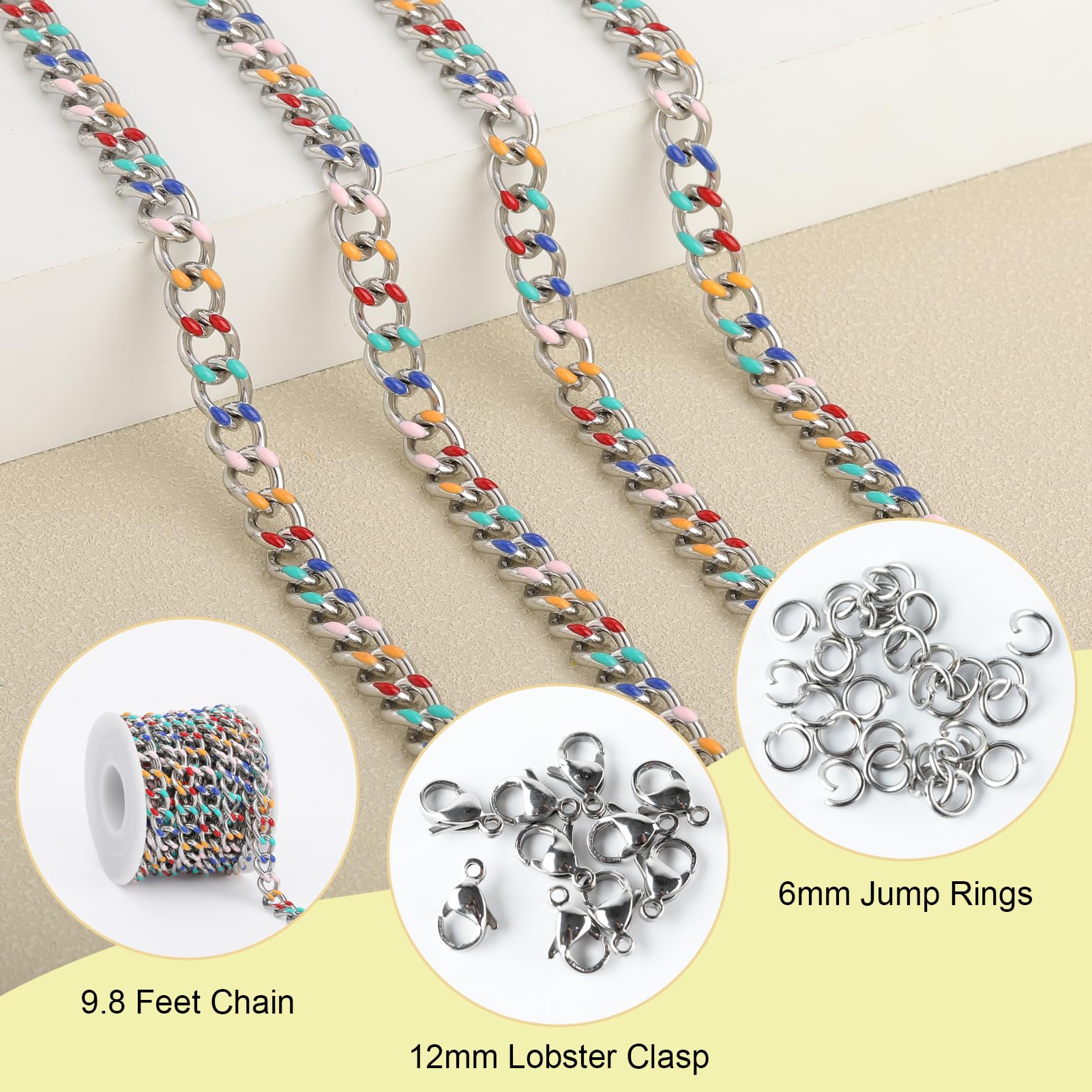 SMYHTGLIF 9.8 Feet Mixed Color Oil Drip Chain for Jewelry Making Silver Stainless Steel Curb Cuban Chain Roll Enamel Cable Chain Jewelry Findings