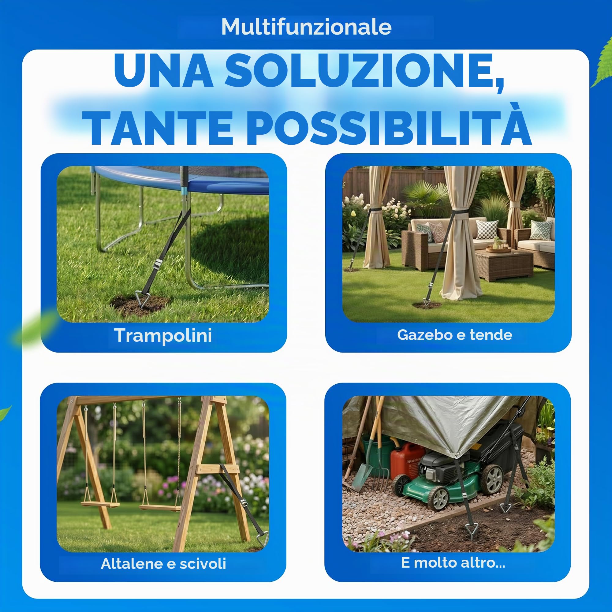 Monzana 4 Picchetti a Vite Ancoraggio a Terra 42,5cm 5 Spirali 900kg Cinghie Regolabili Acciaio Inox