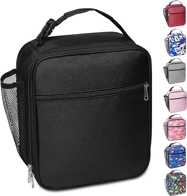 Apuucse Portable Insulated Lunch Bag with Side Mesh Pocket for Adults/Kids/Men/Women,Water-Resistant Leakproof Soft Cooler Bag Durable Thermal Lunch Box for Work/School/Picnic/Outdoor(Black)