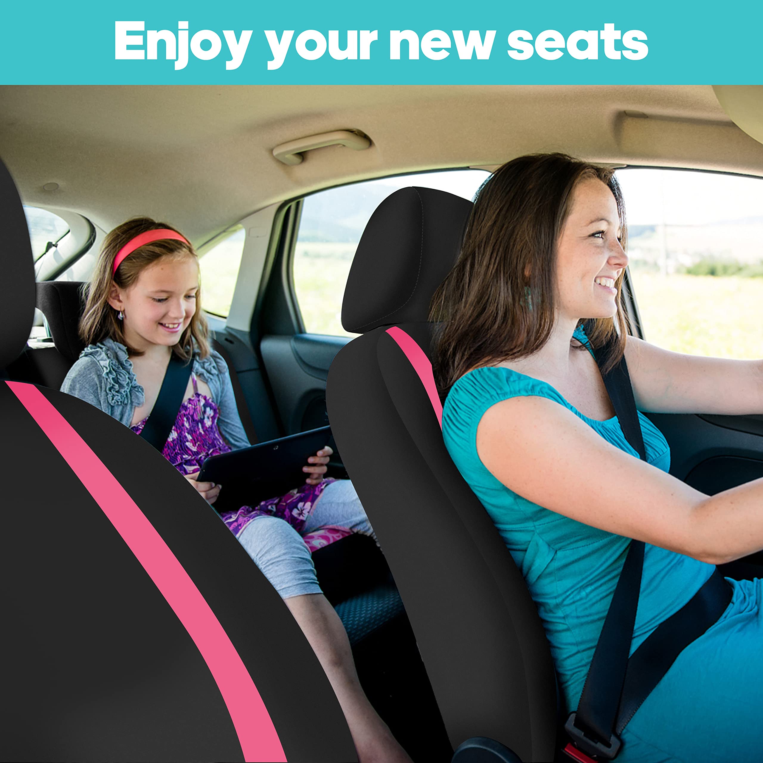 FH Group Car Seat Covers Full Set Unique Flat Cloth Pink Combo Silicone Anti-Slip Dash Mat, Rear Solid Bench Universal Fit Car Seat Protector Vans Truck SUV Interior Accessories Van Seat Covers