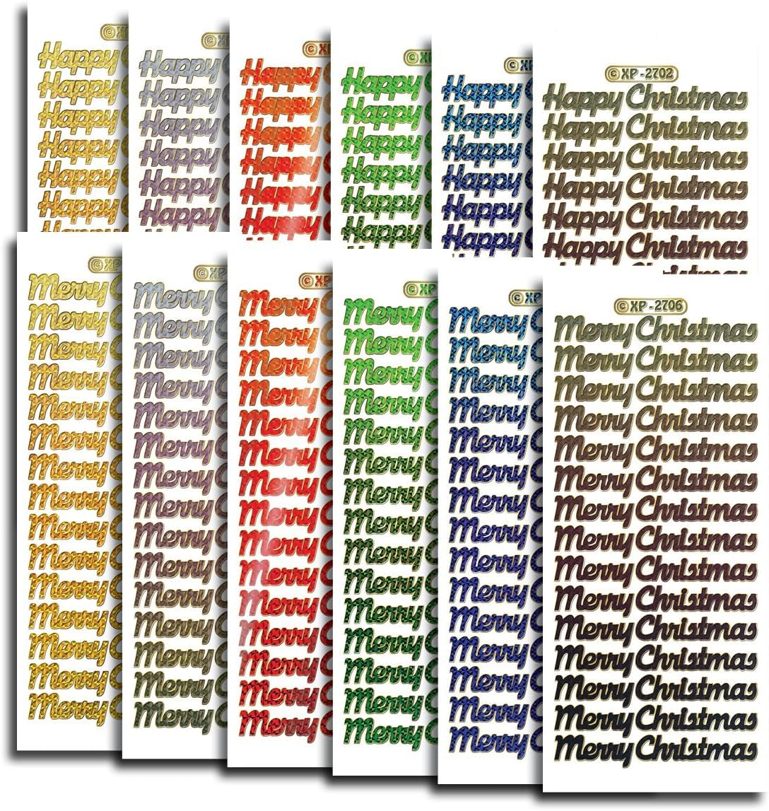 Creative Products Prismatic Christmas Stickers – Bumper Value Pack Multi-Colour Text Craft Peel Off Merry Xmas Stickers for Cards, Gifts, Scrapbooking & Decorations, 24 Sheets, 23 x 10 x 1 cm