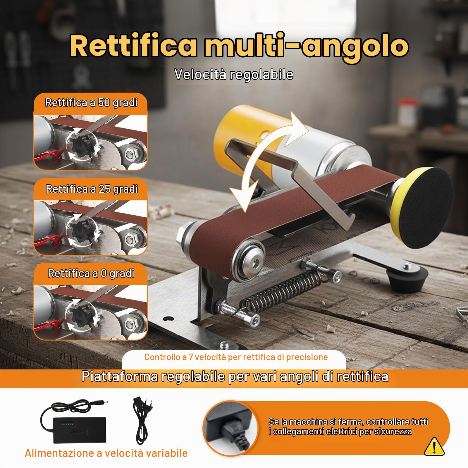 Mini Levigatrice a Nastro, Levigatrice a Banda Elettrica, Lucidatrice a 7 Velocità Regolabile, Smerigliatrice a Nastro con 20 Nastri Abrasivi, 20 Fogli di Carta Vetrata, Mola e Mola Lucidante