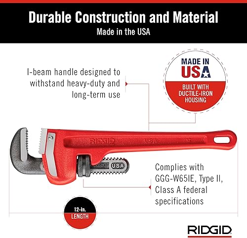 Miniatura 5 de RIDGID 31015 - Llave de tubería recta de alta resistencia, llave de fontanería resistente de 12 pulgadas con hilos autolimpiantes y mordazas