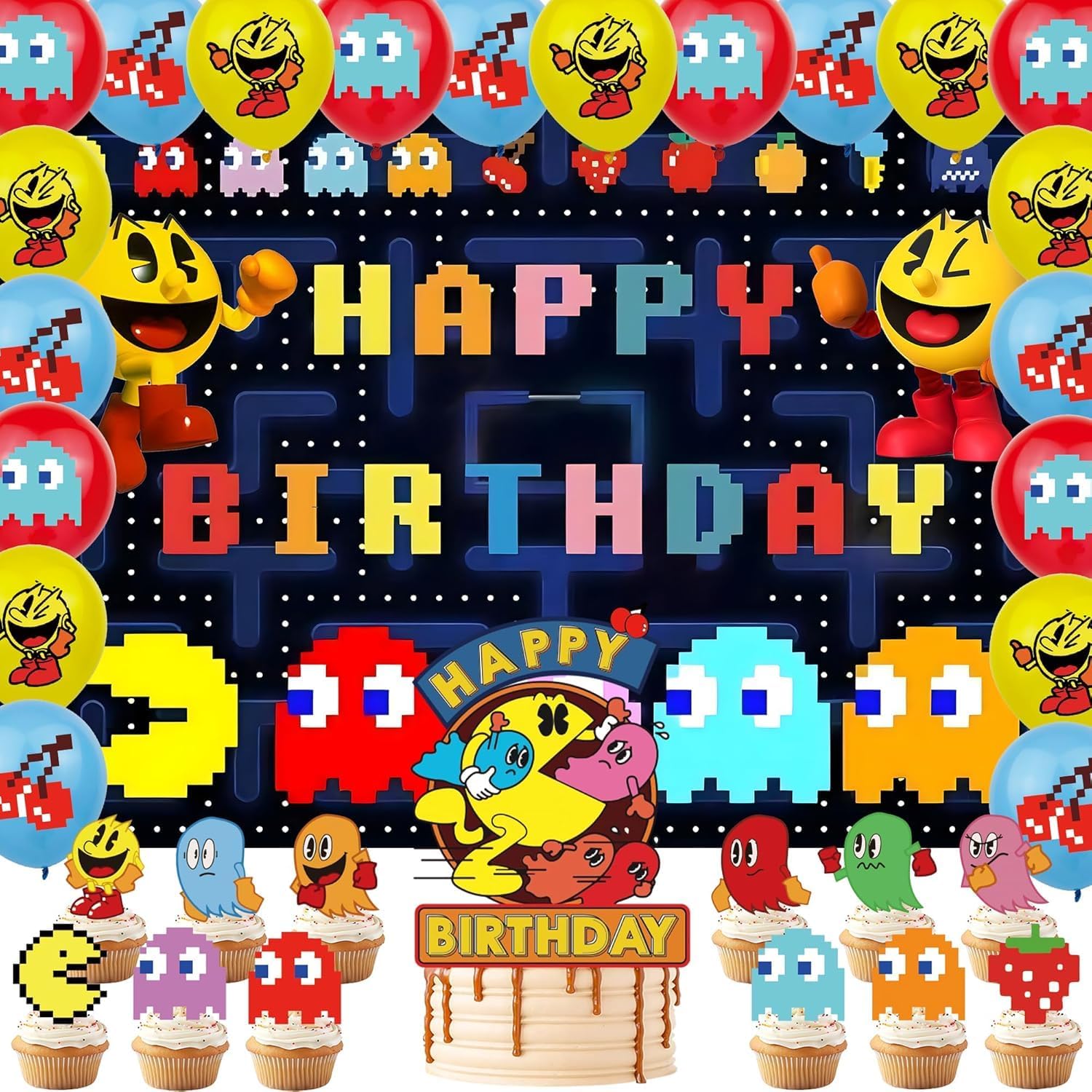 Pac Ghost Birthday Party Decoration, Include Game Party Backdrop 5 x 3 FT, Latex Balloons, Cake Topper for Pacman Theme Kids Fans Birthday Party