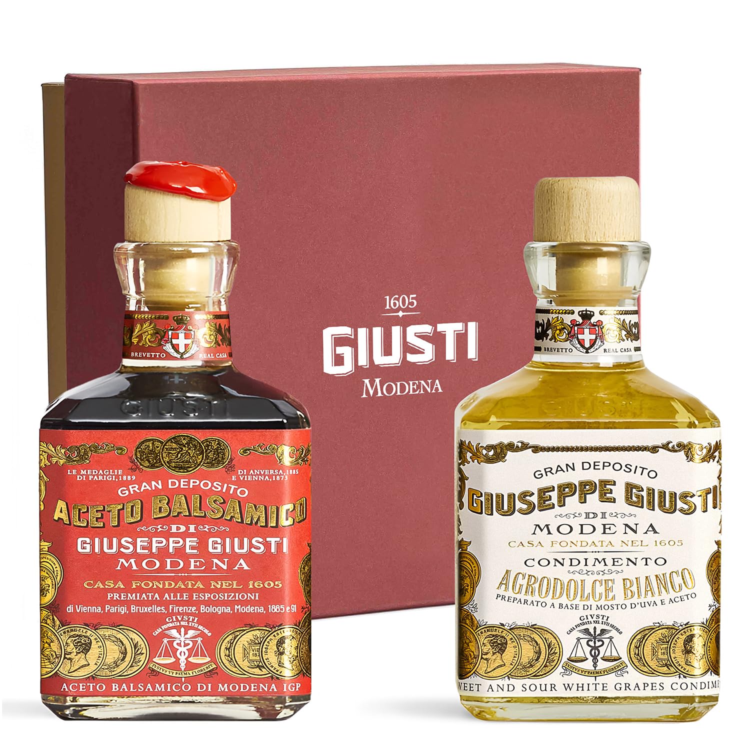 Giusti Balsamic Vinegar of Modena Gift Set – Gran Deposito Aceto Balsamico di Modena and White Balsamic Vinegar-Based Condiment Box Set, Italian Gifts – 2 x 8.45 fl oz (2 x 250 ml)