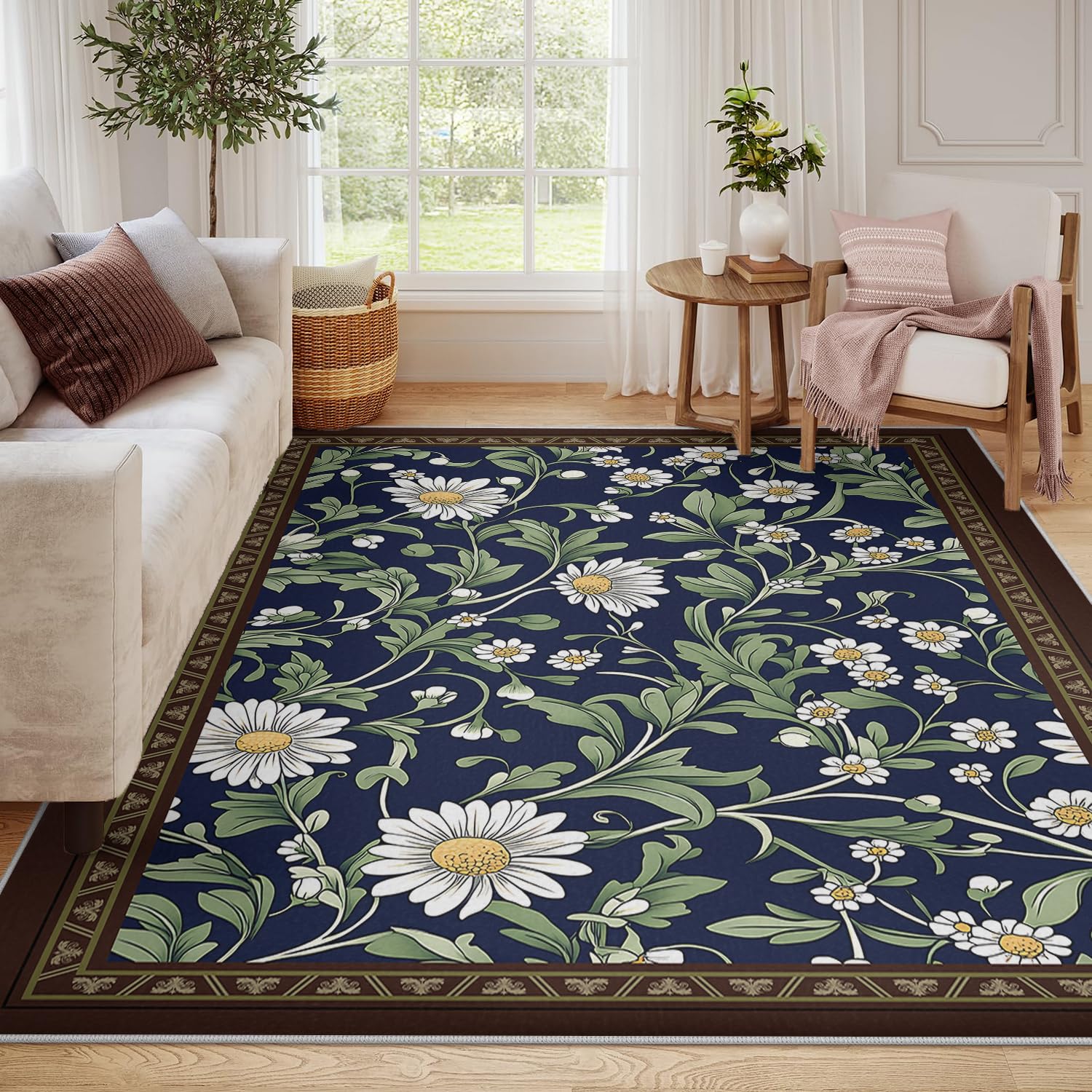 Tapis floral bleu foncé à poil ras avec délicates marguerites