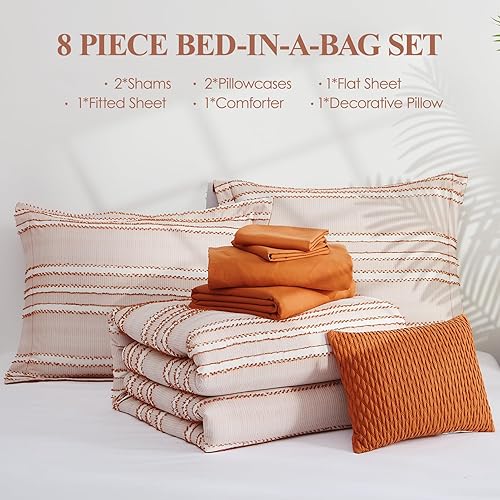 Miniatura 5 de WRENSONGE Juego de edredón bohemio de tamaño matrimonial, color naranja quemado, 8 piezas, terracota en una bolsa, acogedor juego de ropa de cama de