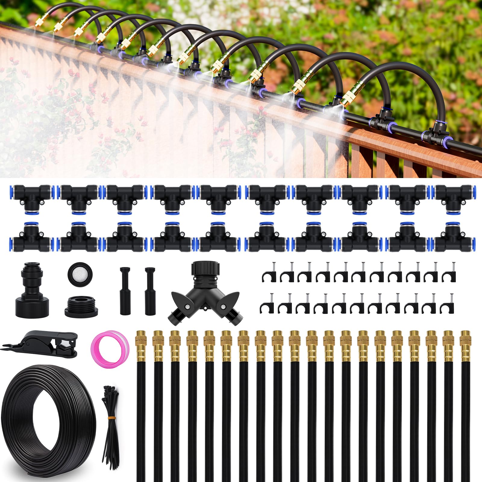 Sistema di irrigazione a goccia da 30 m con 32 ugelli, regolabile a 360°, sistema di irrigazione da giardino pieghevole per serre, cortile, prato, piante, giardino, tubo da 1/4"