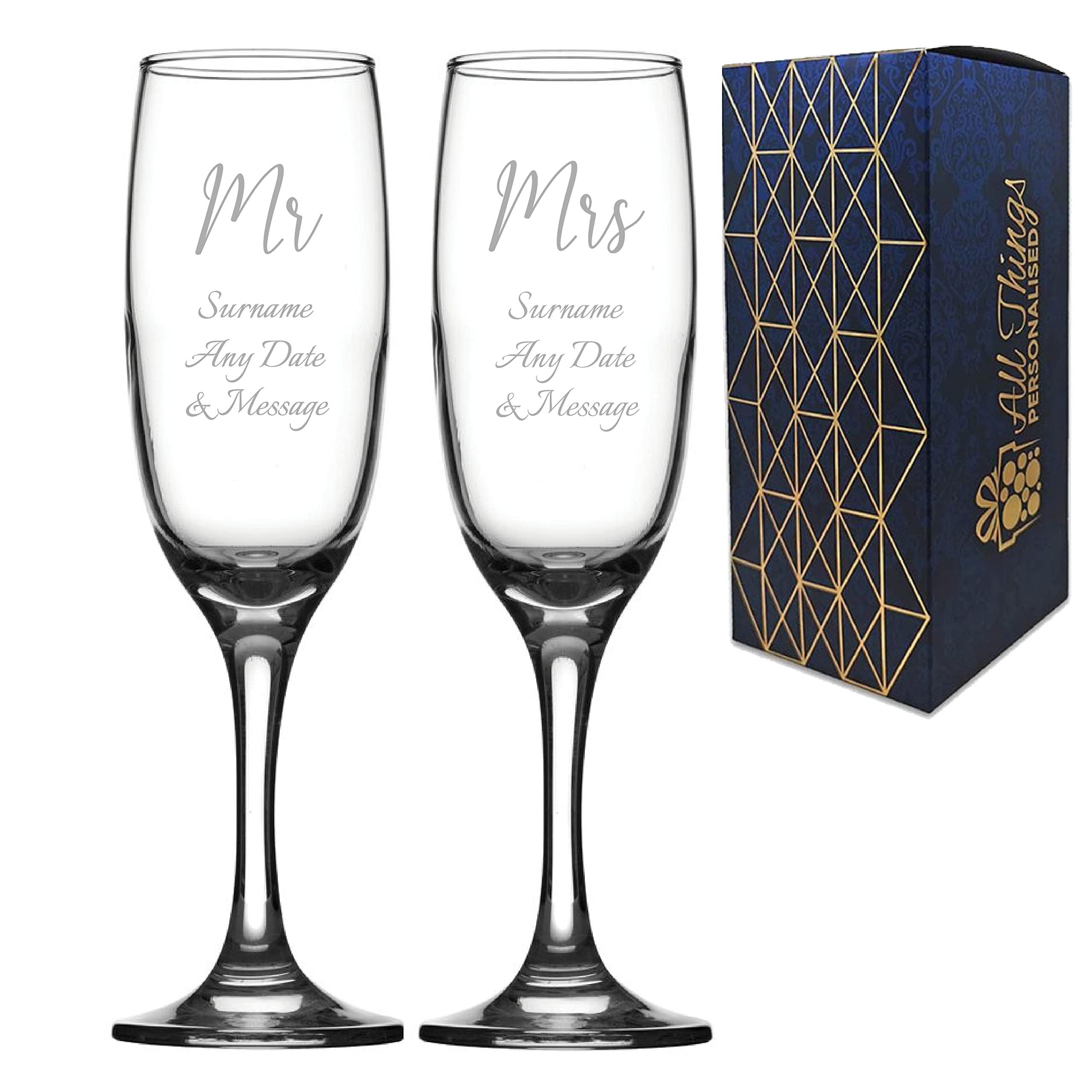 Personalised Engraved Wedding Champagne Set Mr and Mrs, His and Hers, Any Date and Message Glasses, Holds Up to 7.5oz/221ml, Imperial Flute, Handwritten Font โ image 1