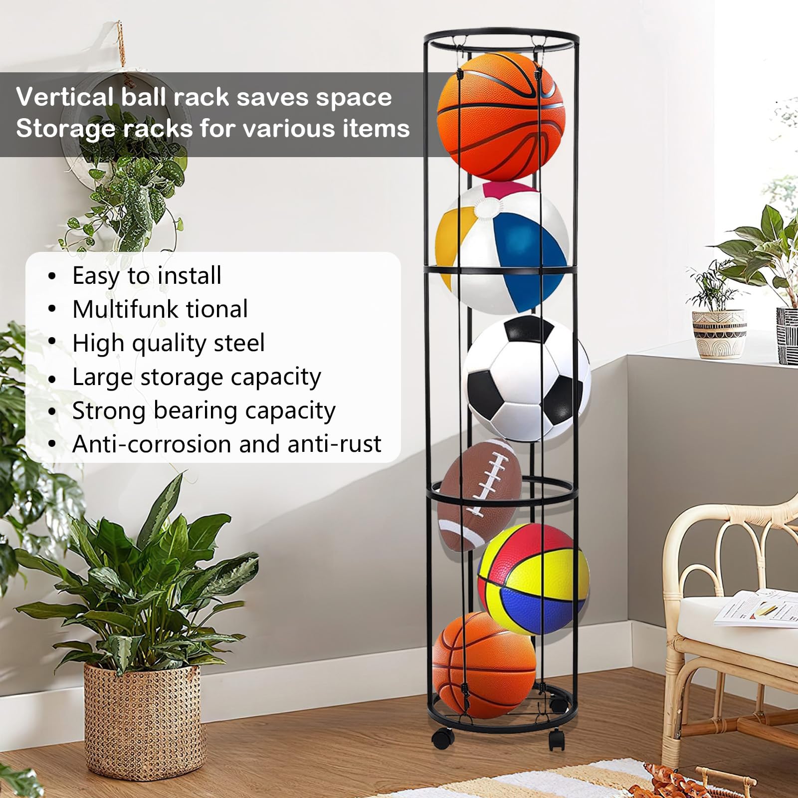Aisny Portapalle da Calcio, 3 Livelli Supporto da Parete con Rotelle Supporto da Parete per Palloni da Calcio Nero Organizer Rimovibile per Palloni da Basket per Garage E Casa 144x30x30 Cm