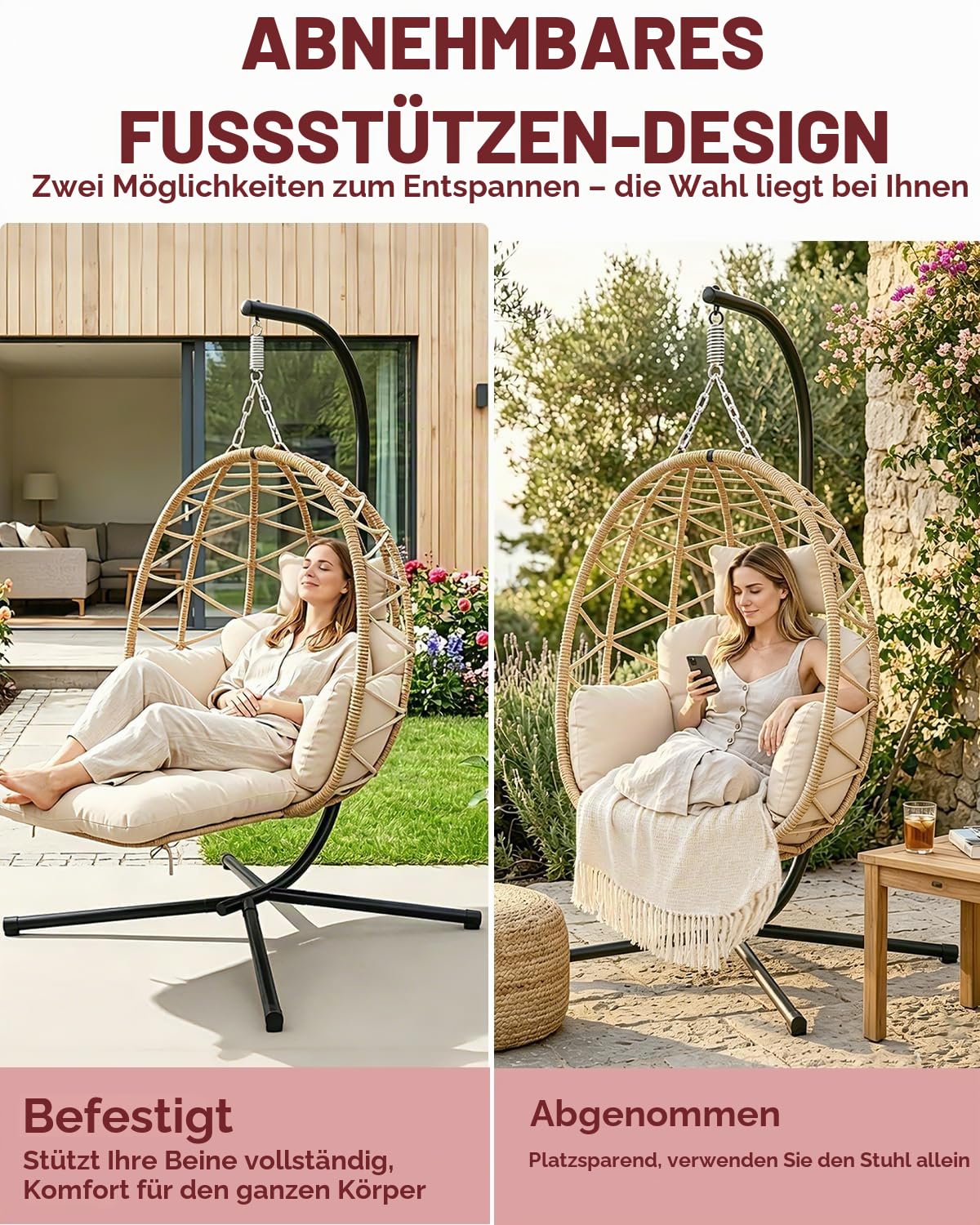 Hängesessel mit Gestell, Hängestuhl Outdoor mit Abnehmbarer Fußstütze, Garten Hängesessel mit Dickem Sitzkissen & Waschbarem Bezug, Hängeschaukel Bis 150kg, Hängestuhl für Leseecke Balkon Terrasse