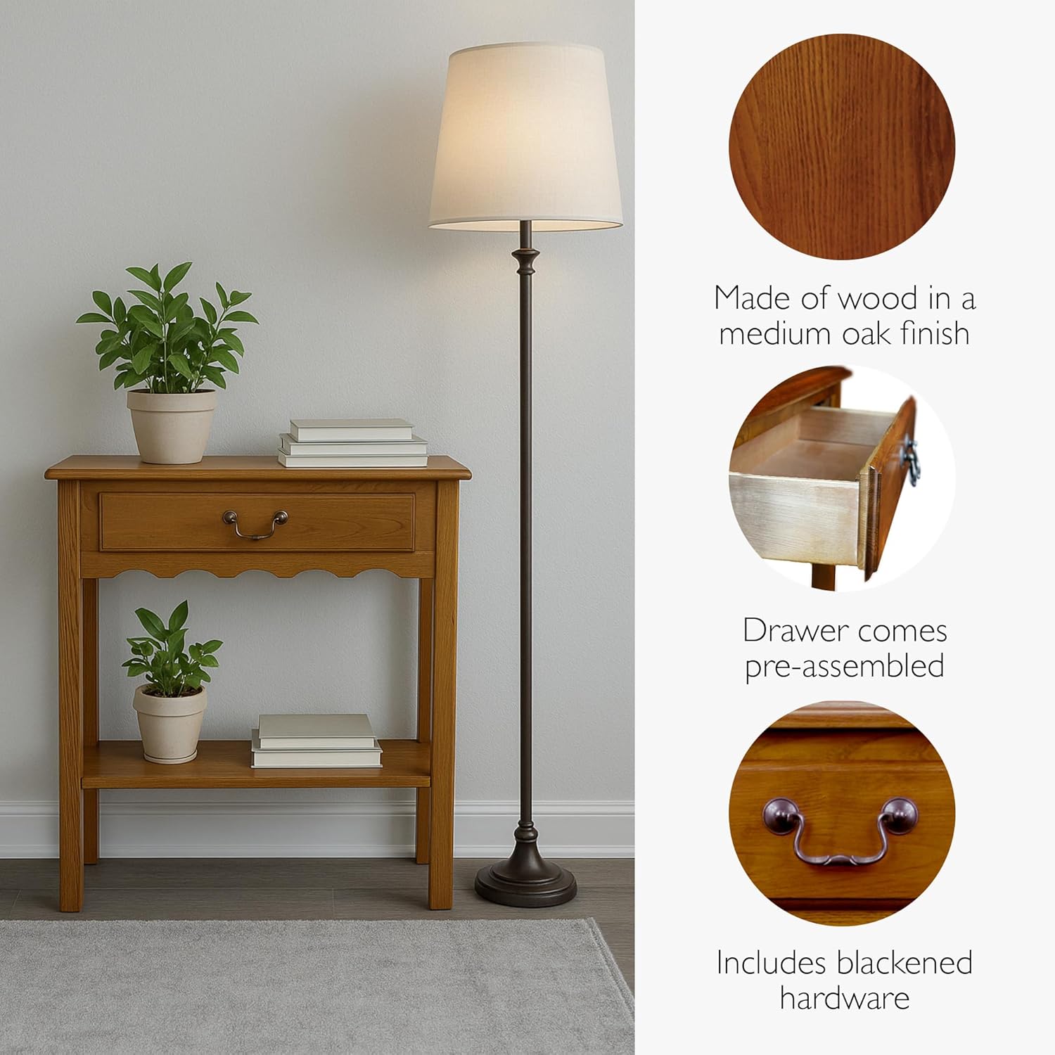 Leick Home Wave Console Table, Solid Wood, with Drawer, for Entryways, Hallways, and Living Rooms, Medium Oak, 9021-MED