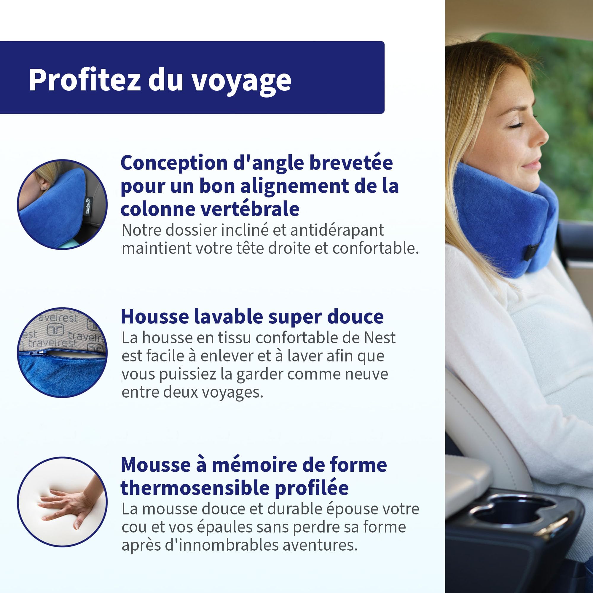 travelrest Oreiller de Voyage en Mousse à mémoire de Forme Ultime, Lavable,Le Meilleur Coussin de Voyage voté pour 2025-2026 par NYTimes WIRECUTTER,Lot de 1/4 de sa Taille