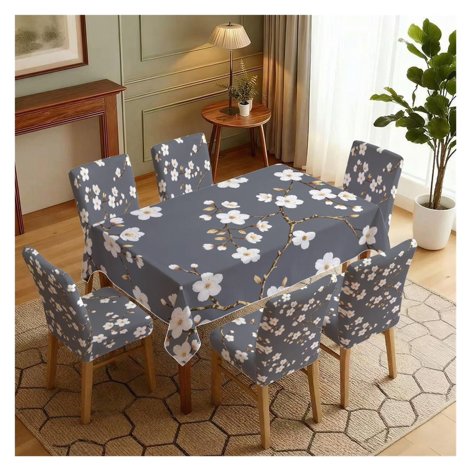 KXUAUV Gray Cherry Blossom Print Stretch Dining Chair Covers Tablecloth Set, For Kitchen Dining Living Room Farmhouse Decor, 5/7 Pack Party Decor(7pcs Set: Tablecloth+Chair Covers)
