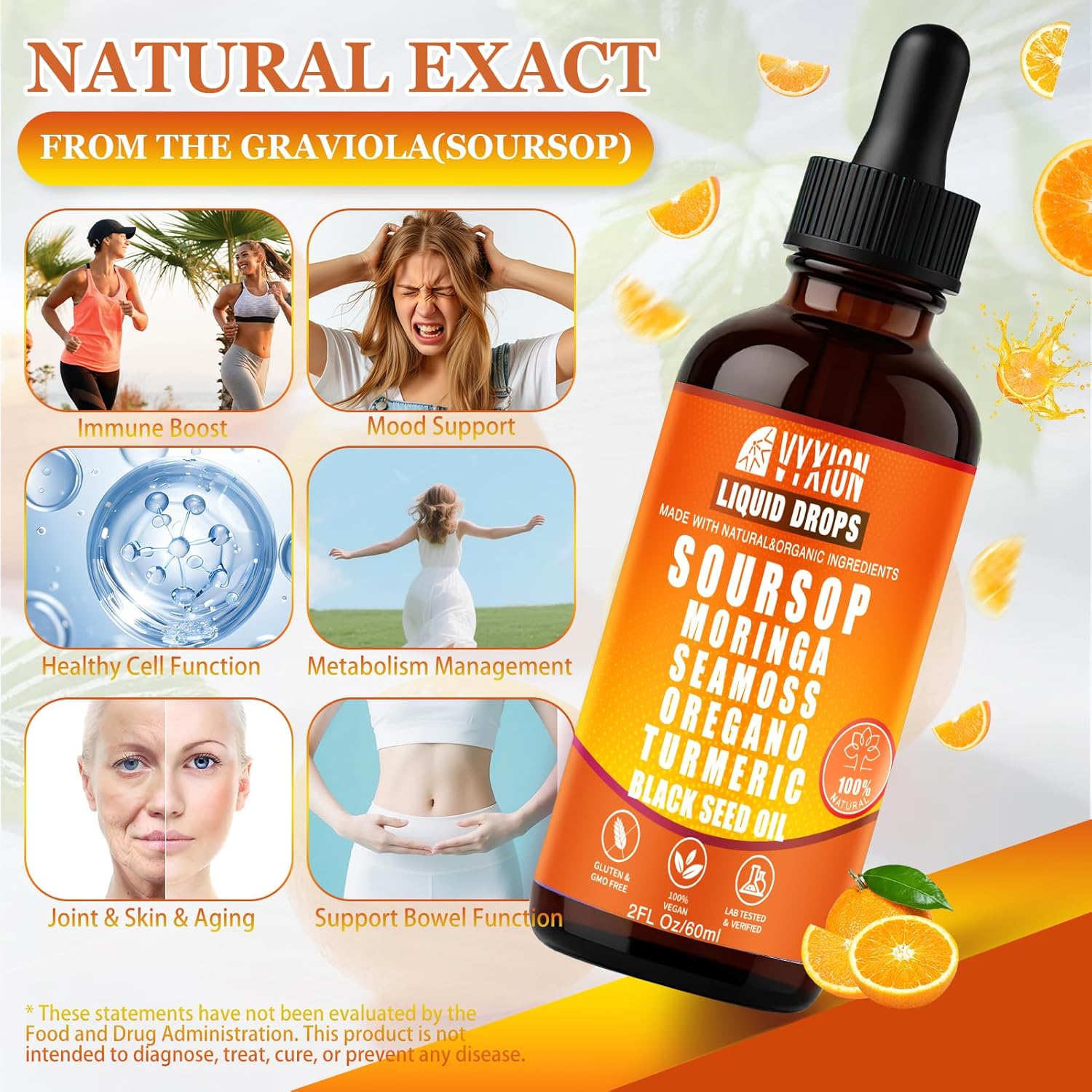 Soursop Bitters Liquid Drops 10 in 1 with Sea Moss, Moringa, Turmeric, Black Seed Oil, Oregano, Ashwagandha | Herbal Extracts for Overall Health-Enhancing | Vegan, Non-GMO | 2 Fl Oz (Orange flavor) - Image 4