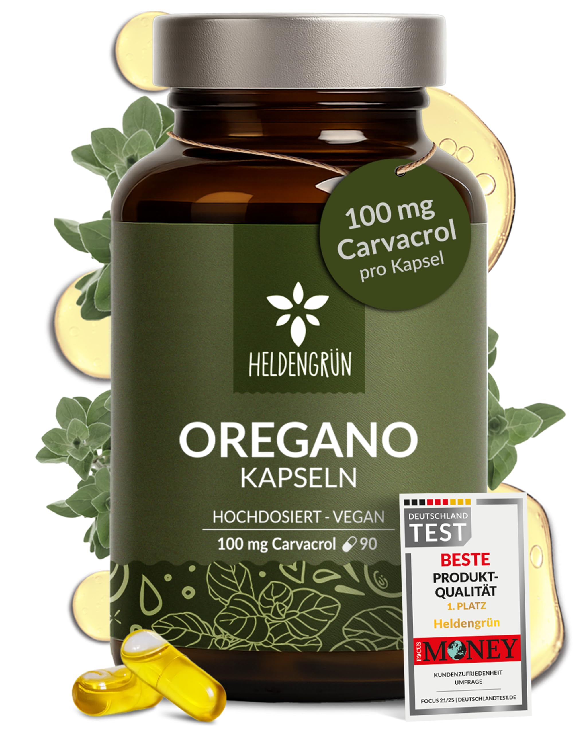 Heldengrün® Oregano Öl Kapseln [HOCHDOSIERT] 100 mg Carvacrol pro Kapsel - Bio Oreganoöl mit +82% Carvacrol aus Griechenland - magensaftresistent, laborgeprüft & vegan - 90 Stück