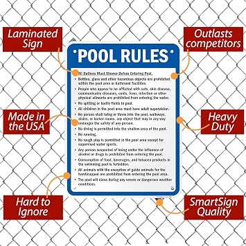 SmartSign 24 x 18 inch Pool Rules - Must Shower, No Spitting, No Diving, No Running Metal Sign, 80 mil Laminated Rustproof Aluminum, Blue, Black and White