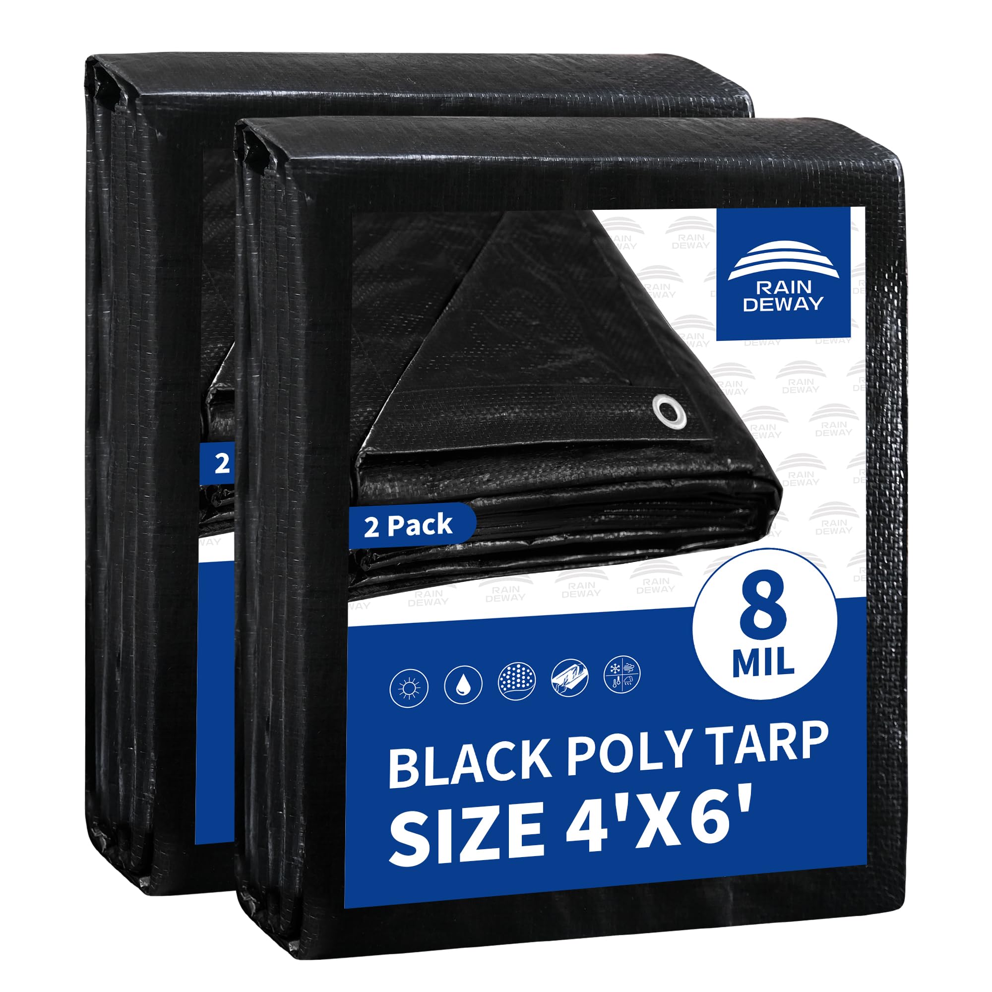Small Black Tarps 4x6 Feet (2 Pack), UV Resistant, 8 Mil Multipurpose Medium Duty Waterproof Poly Tarp Cover with Metal Grommets and Reinforced Edges By RAINDEWAY — image 1