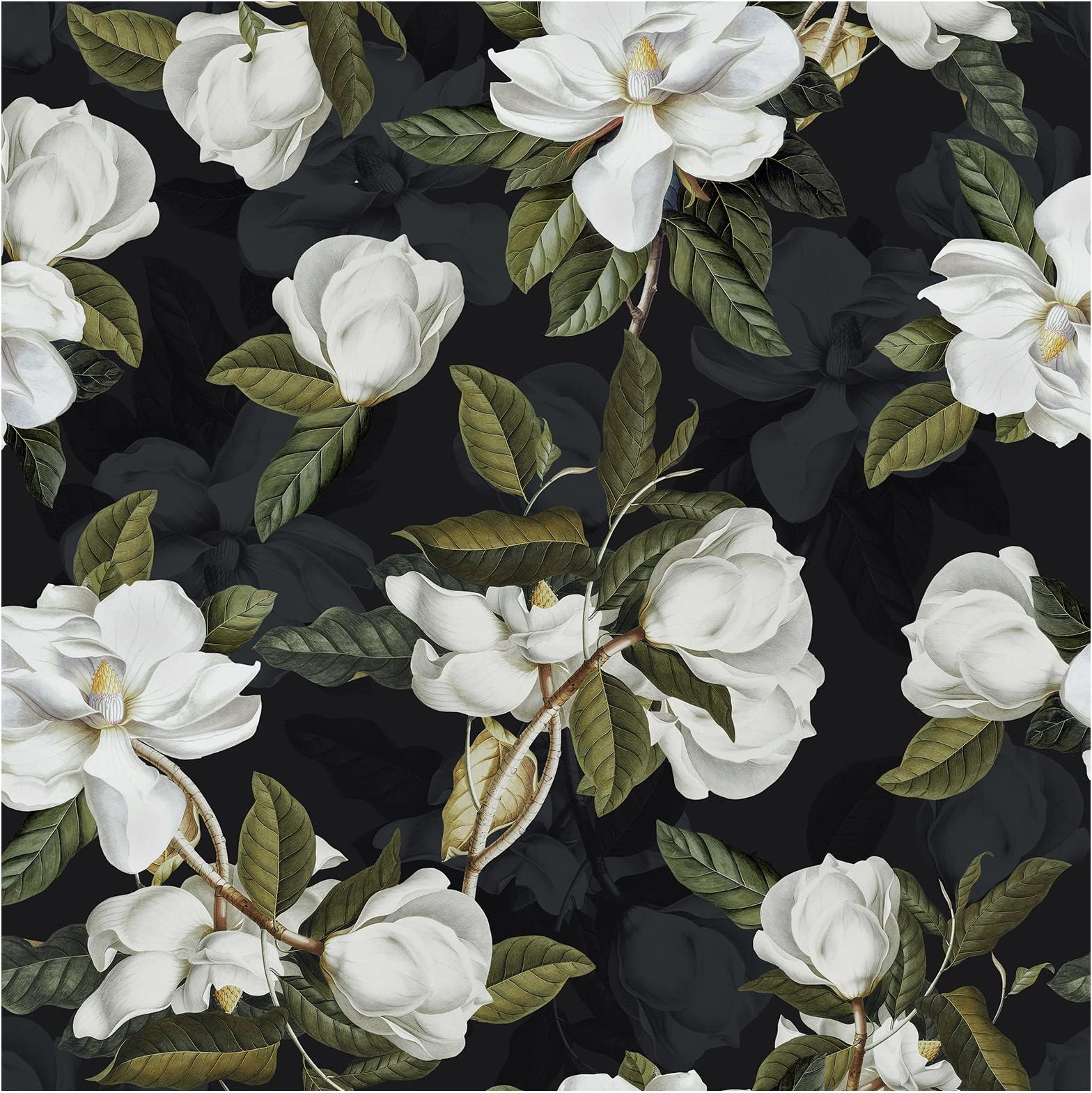 Peel and Stick Floral Wallpaper Magnolia Wall Paper Removable Black/White/Green Vinyl Self Adhesive Contact Paper for Bathroom Kitchen 17.7in x 9.8ft