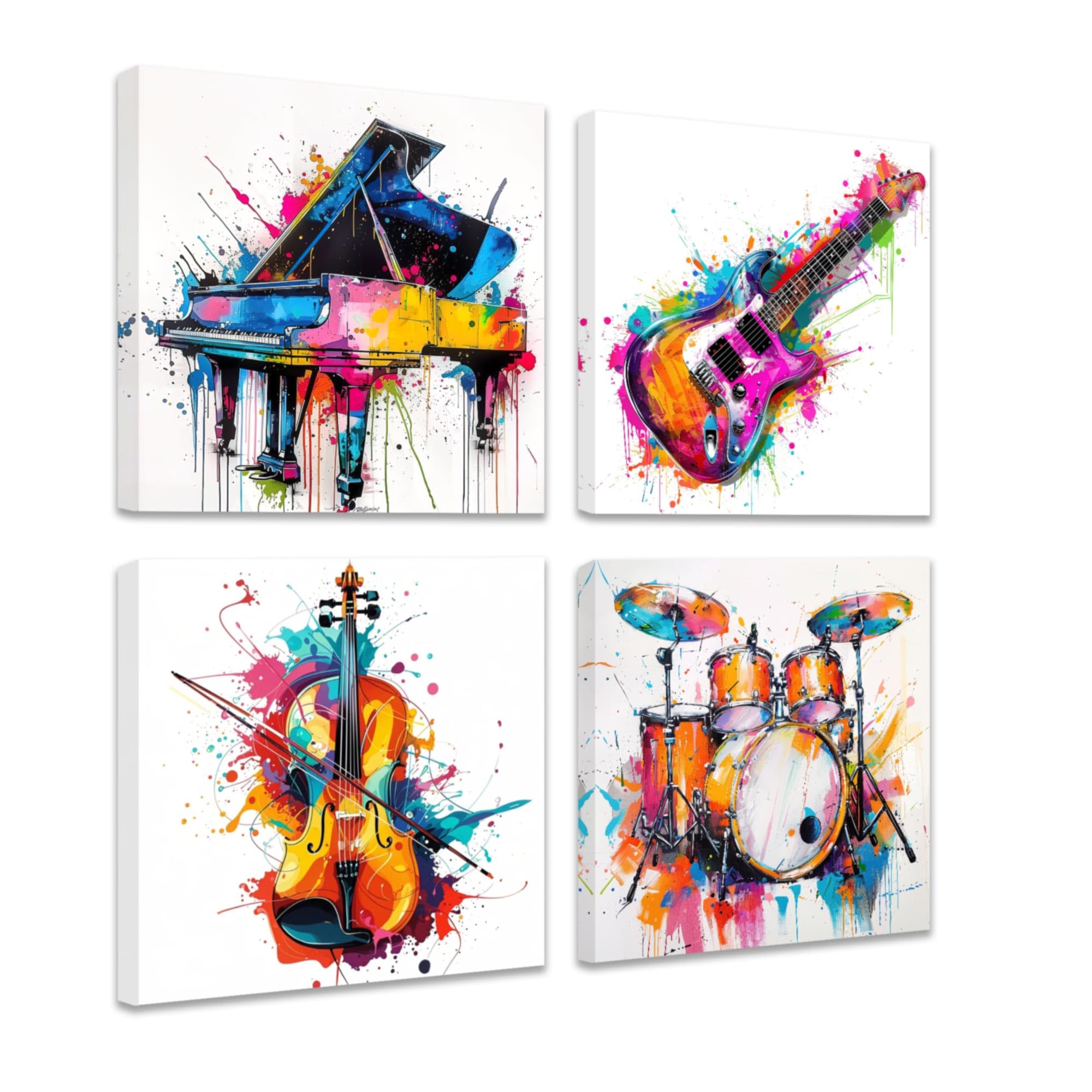 CCWACPP 4pcs Music Canvas Wall Art Piano Drum Guitar Violin Set Pictures Music Themed Wall Decor Colorful Musical Instruments Painting Prints Framed (60x60cmx4)